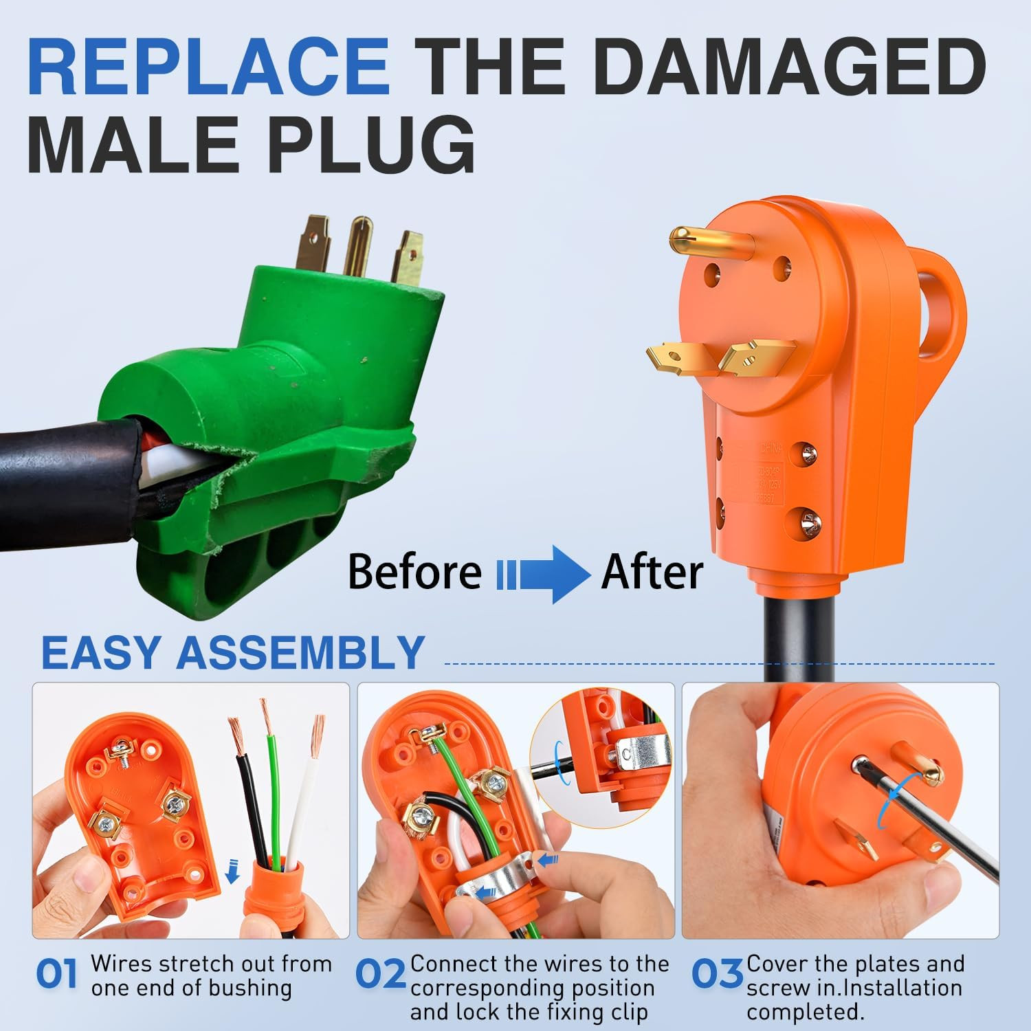 30 Amp RV Male and Female Plugset TT-30P Plug TT-30R Receptable 125 Volt Heavy D