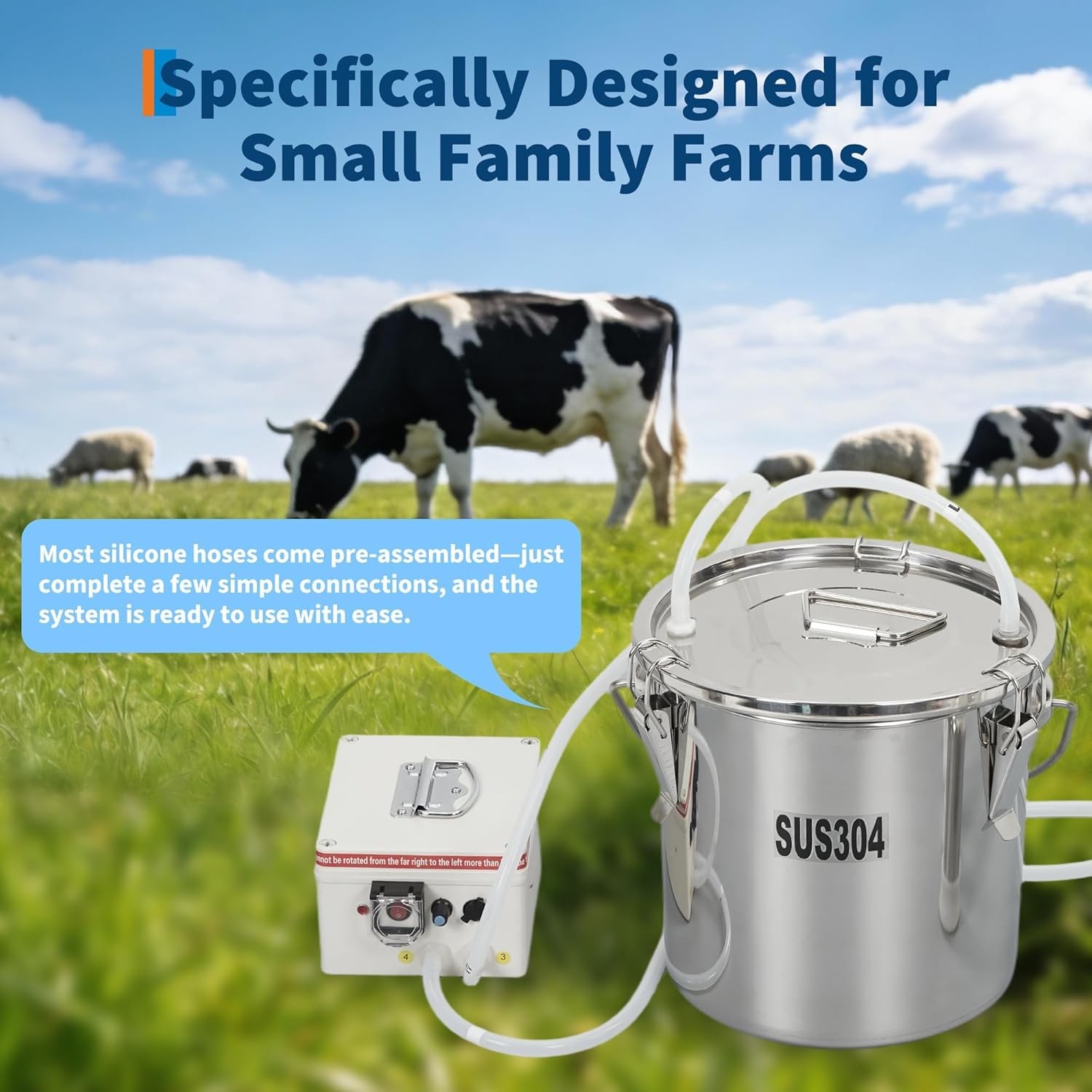 Portable Electric Milking Machine w/ Battery, 45-50kPa Vacuum, 12L for Farm Use