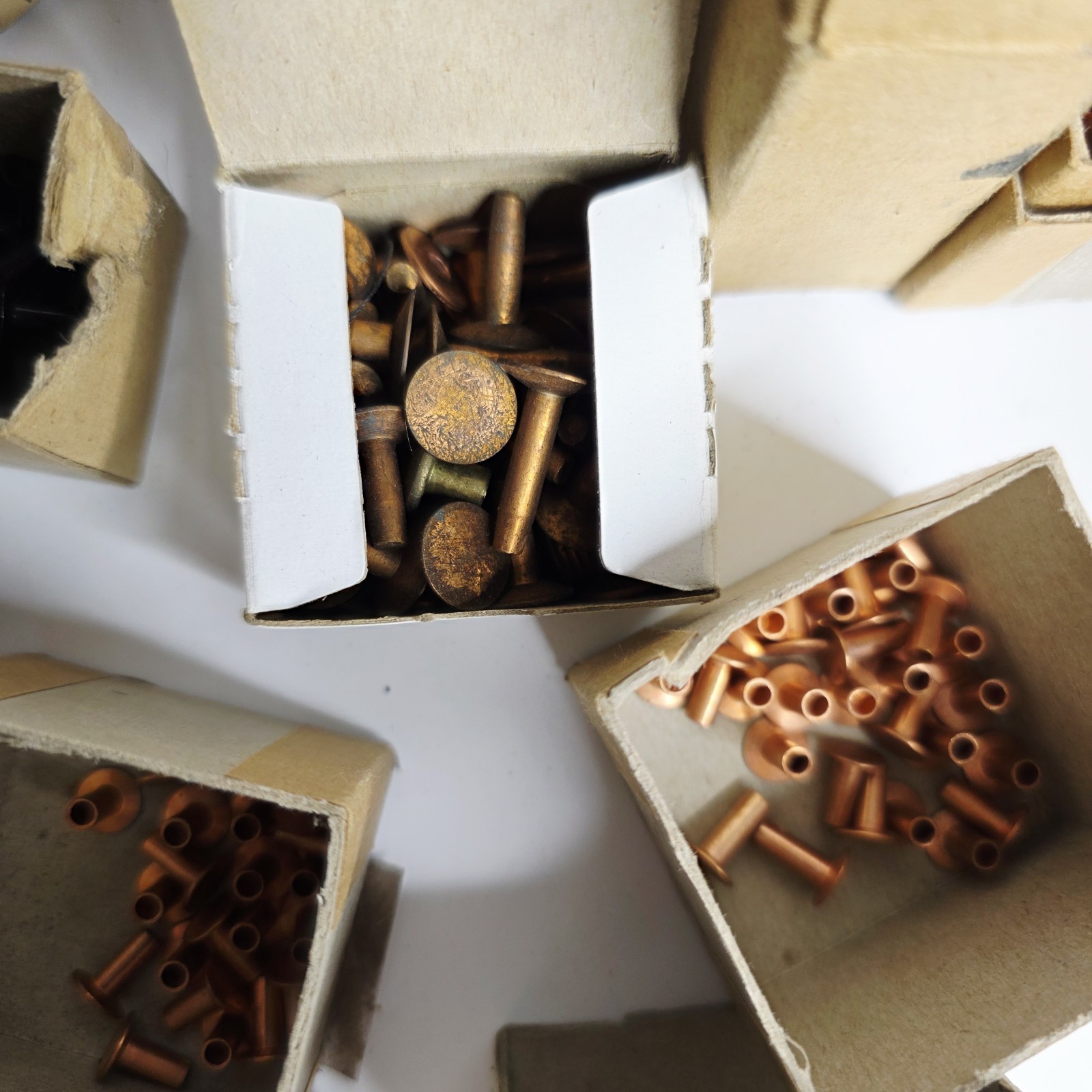 8 Pounds Vintage Copper Steel Belt Fasteners Tubular Rivets Burrs Boxes Lot Bulk