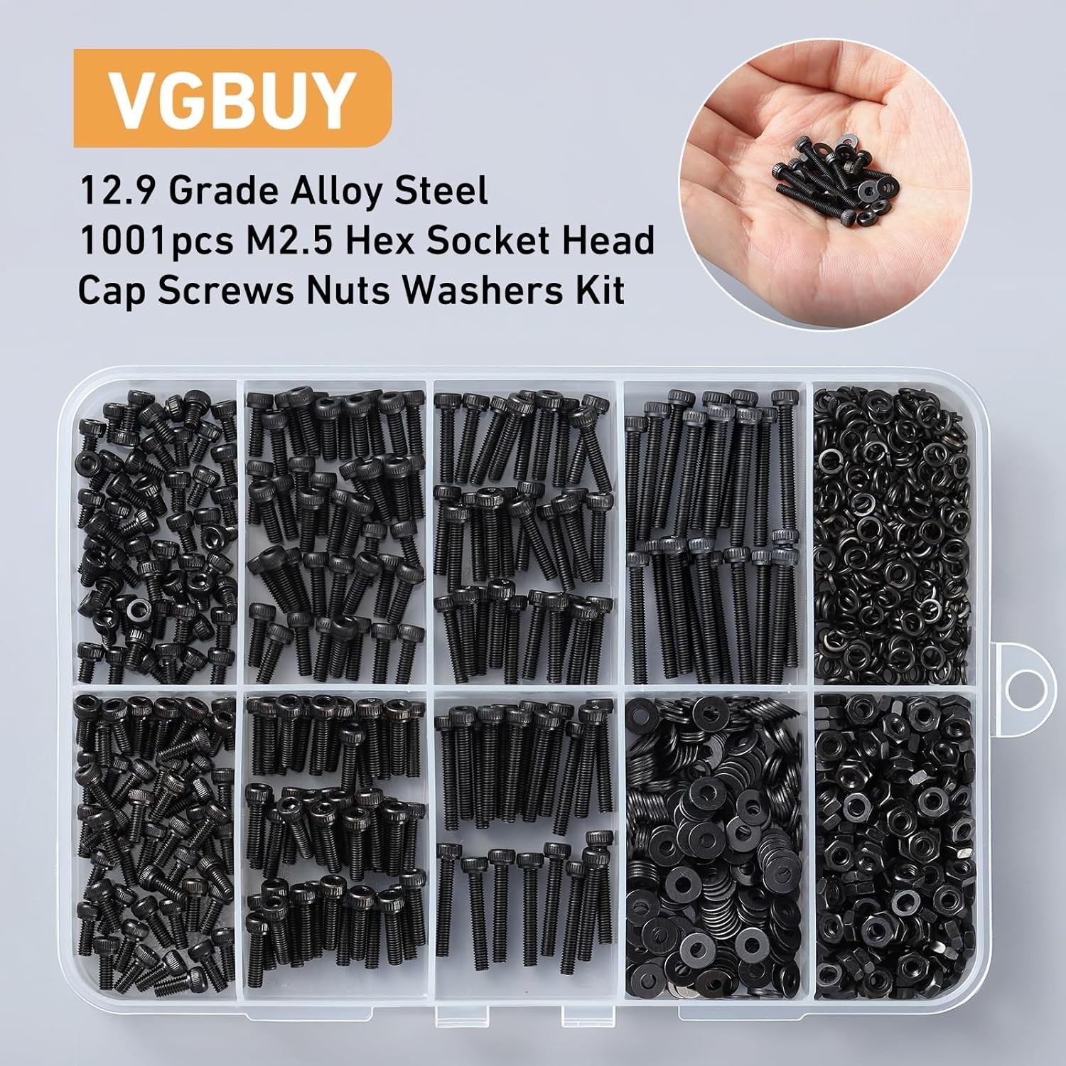 1001pcs M2.5 Hex Socket Screws Kit 12.9 Grade Alloy Steel Bolts Nuts Assortment