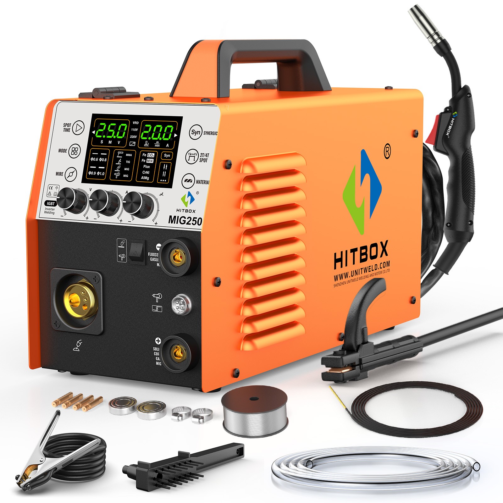 5in1 MIG Aluminum Welder wIth 4.5KG Flux Core Wire,250A Dual Volt IGBT Inverter