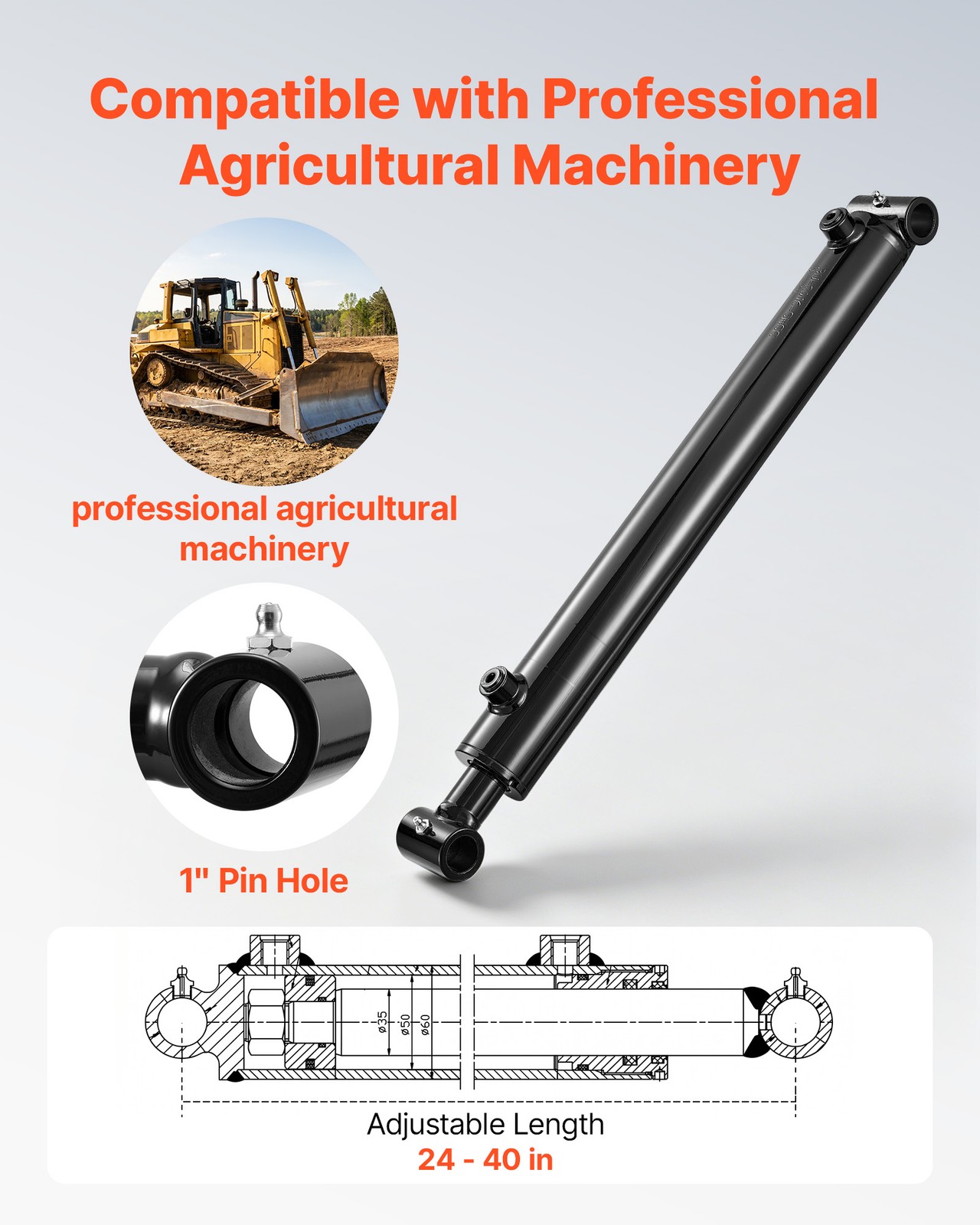 VEVOR Double Acting Hydraulic Cylinder Max 3500PSI Pressure 2″ Bore & 16″ Stroke