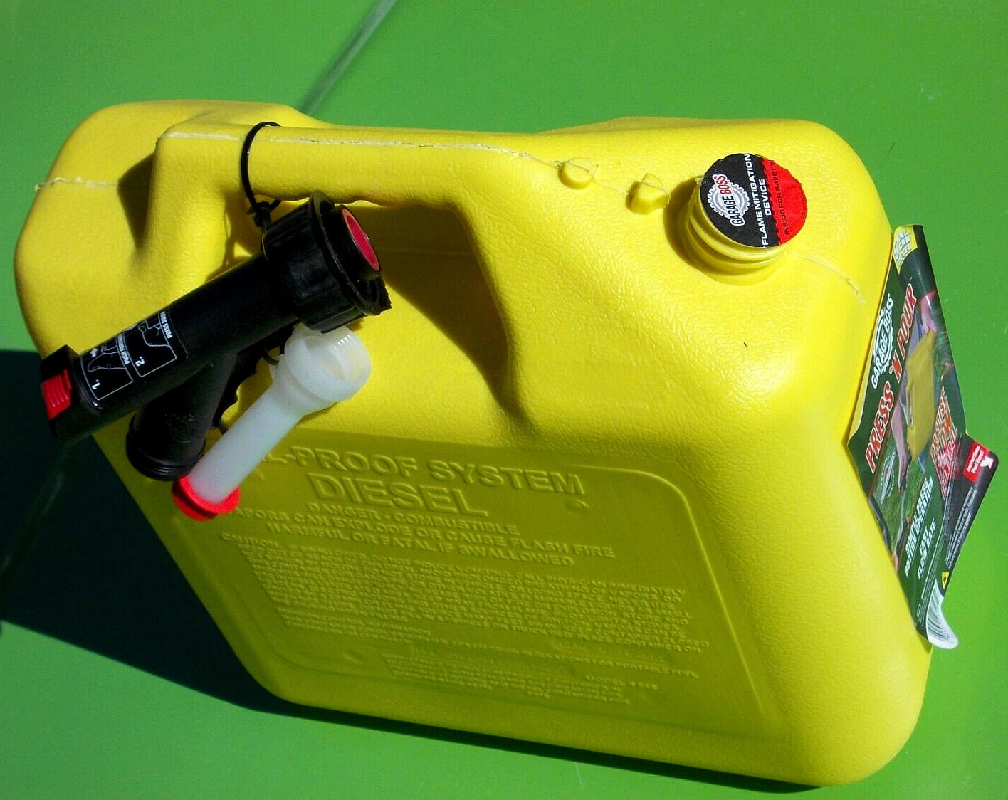 GARAGE BOSS 5 GALLON DIESEL FUEL CAN PRESS N POUR CONTROL GB356 YELLOW PLASTIC