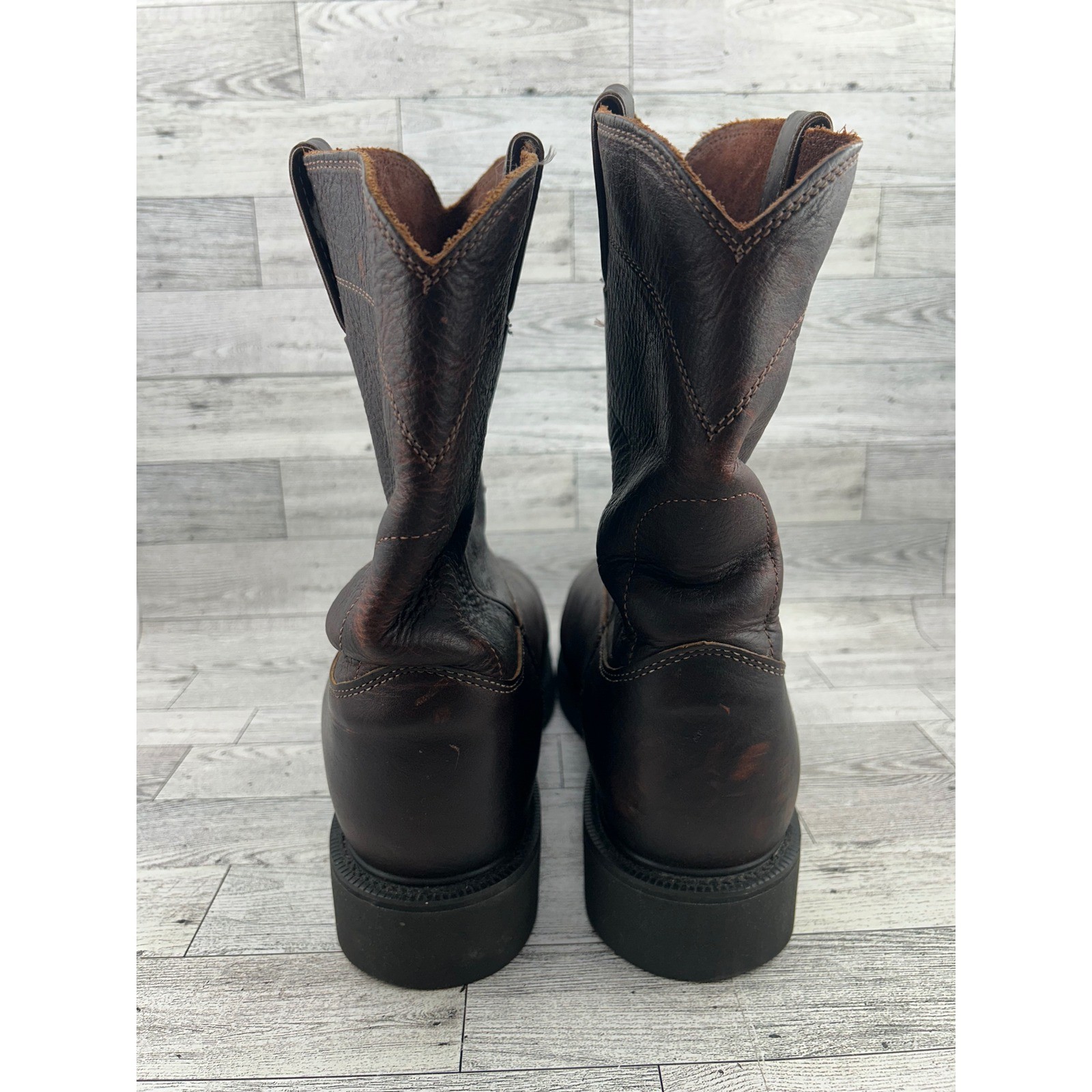 Justin Dark Brown Leather Work Boots Pull On Roper Round Toe Oil Resist Men 12D