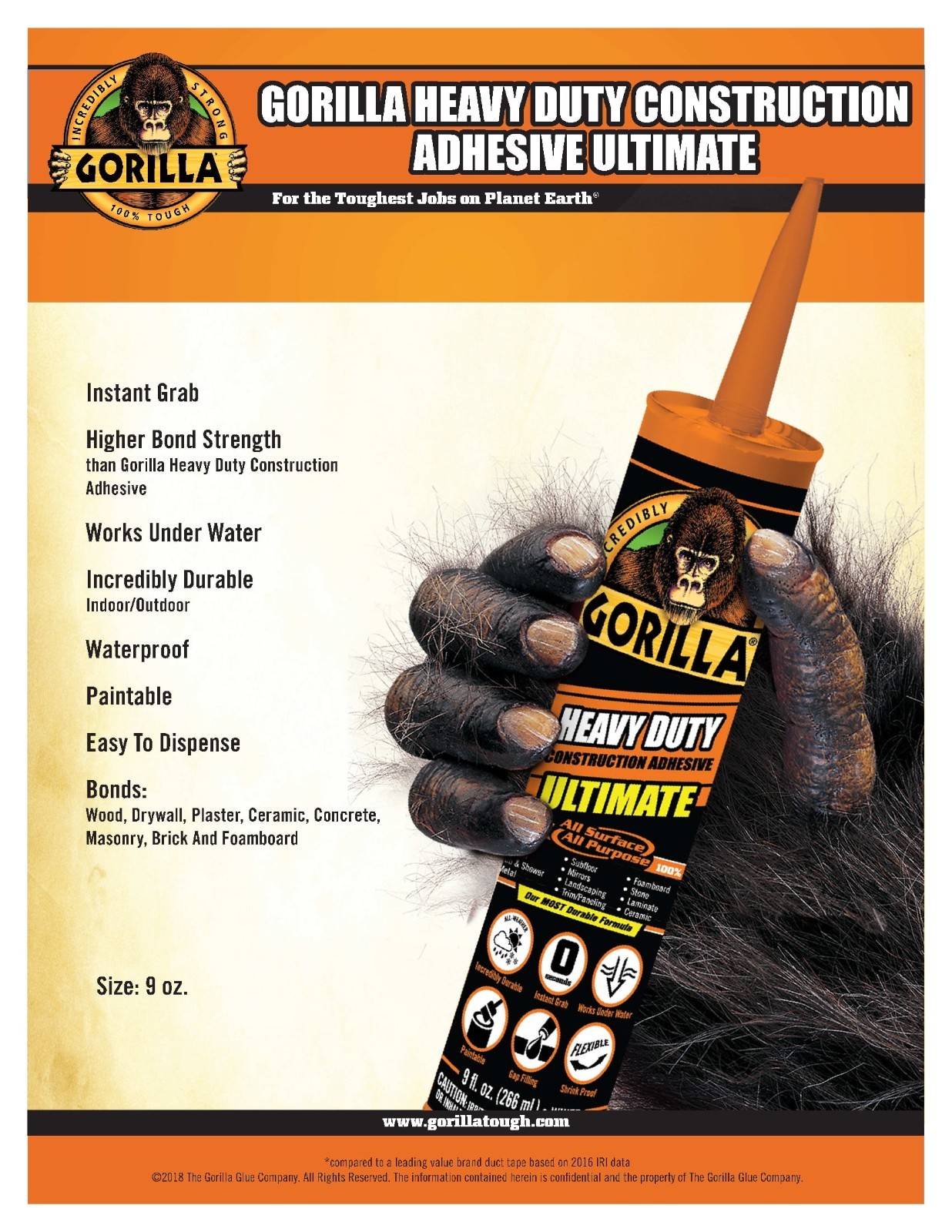 (3 Pack) Gorilla Ultimate Construction Adhesive Heavy Duty Waterproof Glue, 9 oz