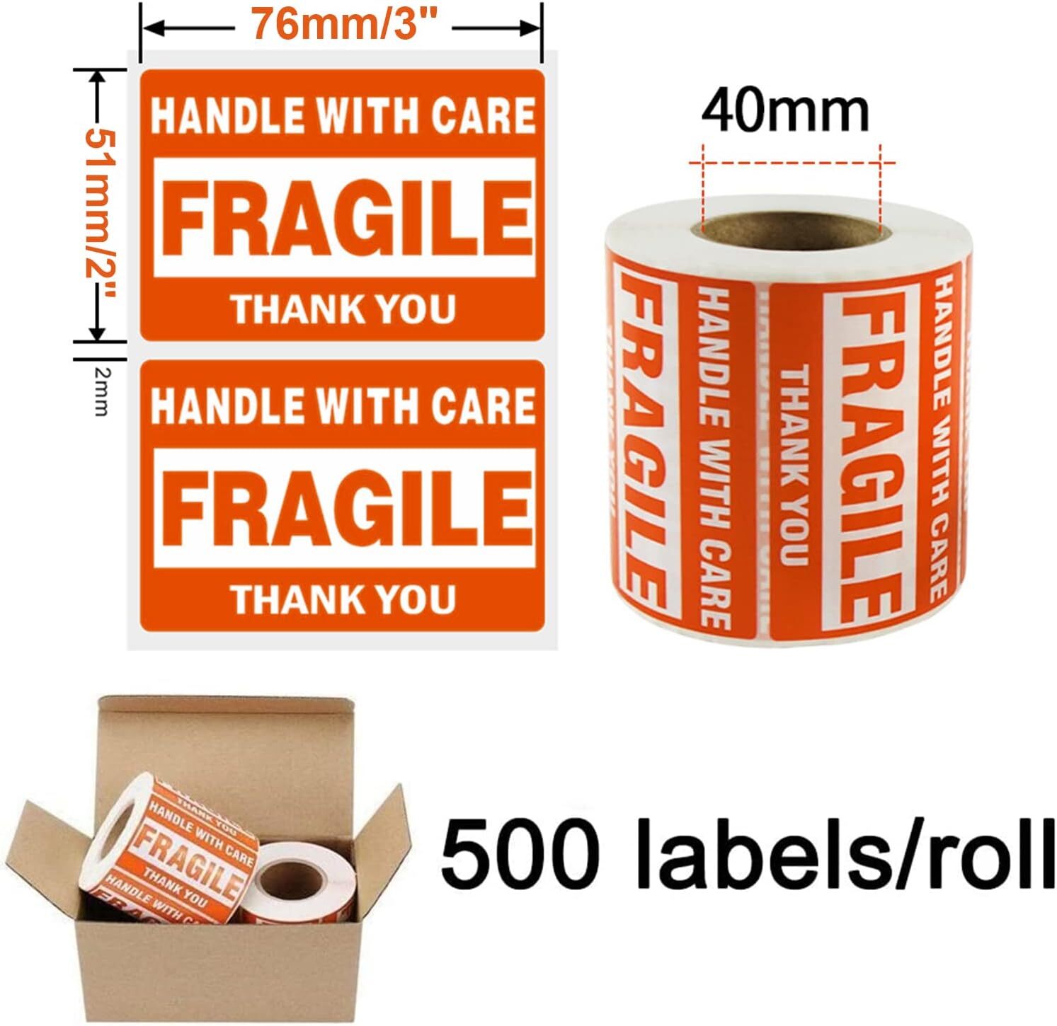2×3 3×5 Fragile Stickers 500/Roll “HANDLE WITH CARE THANK YOU” Warning Labels US