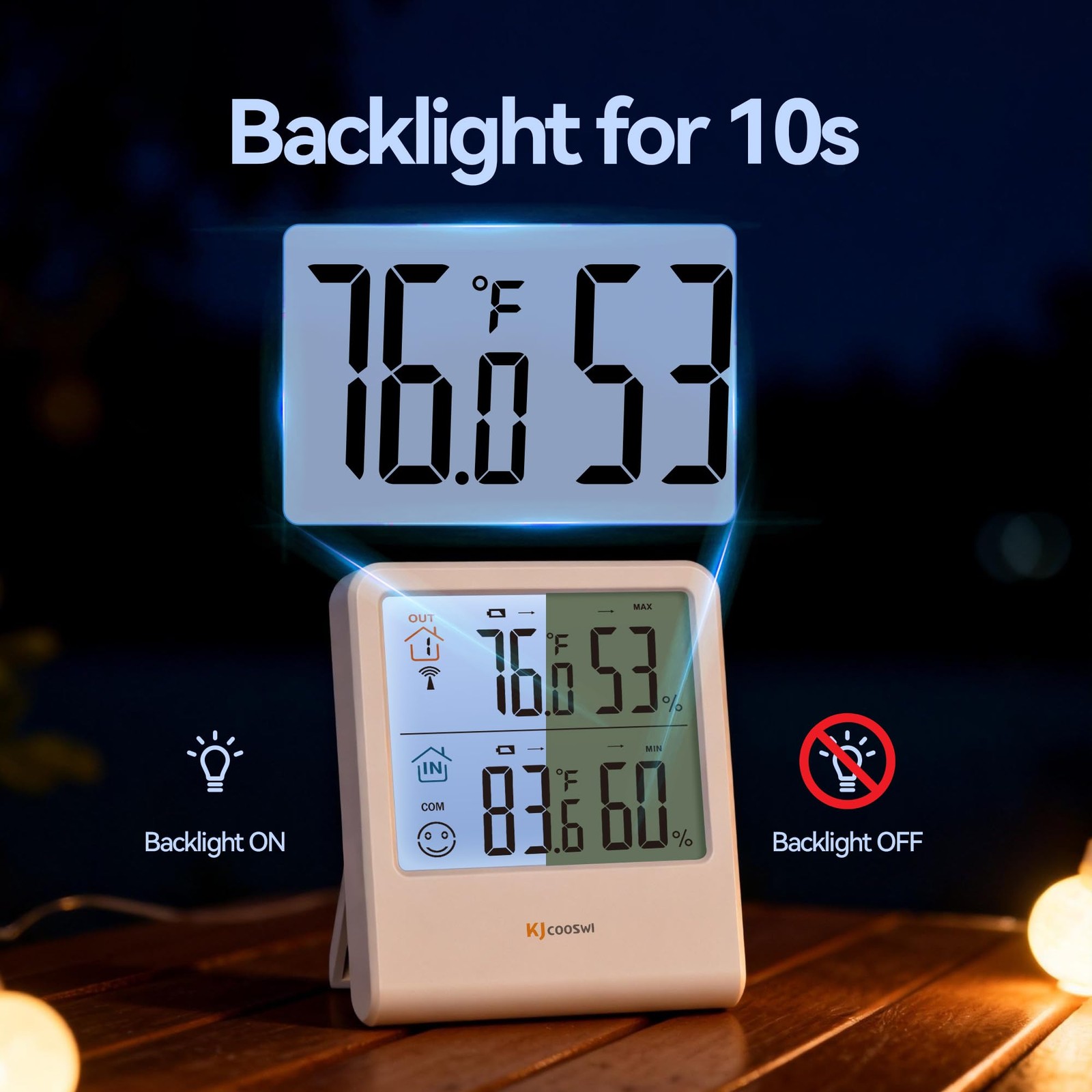 Wireless Digital Thermometer Hygrometer, 328ft Range, Backlit LCD Display