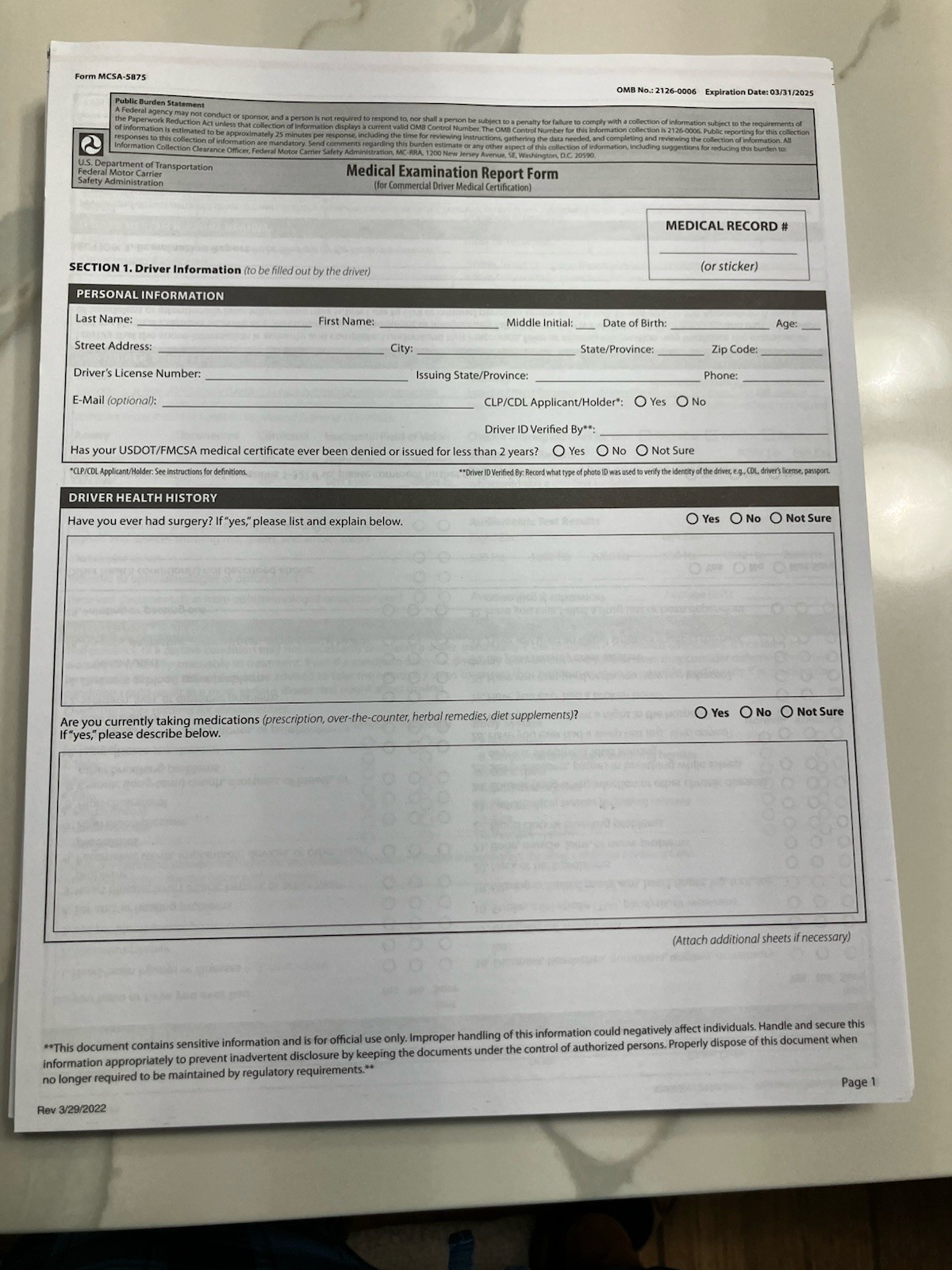 Medical Examination Forms MCSA-5875 and MCSA-5876 (20) Pack Of Each