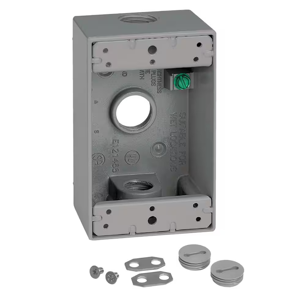 1-Gang Metal Weatherproof Electrical Outlet Box with (3) 1/2 Inch Holes, Gray