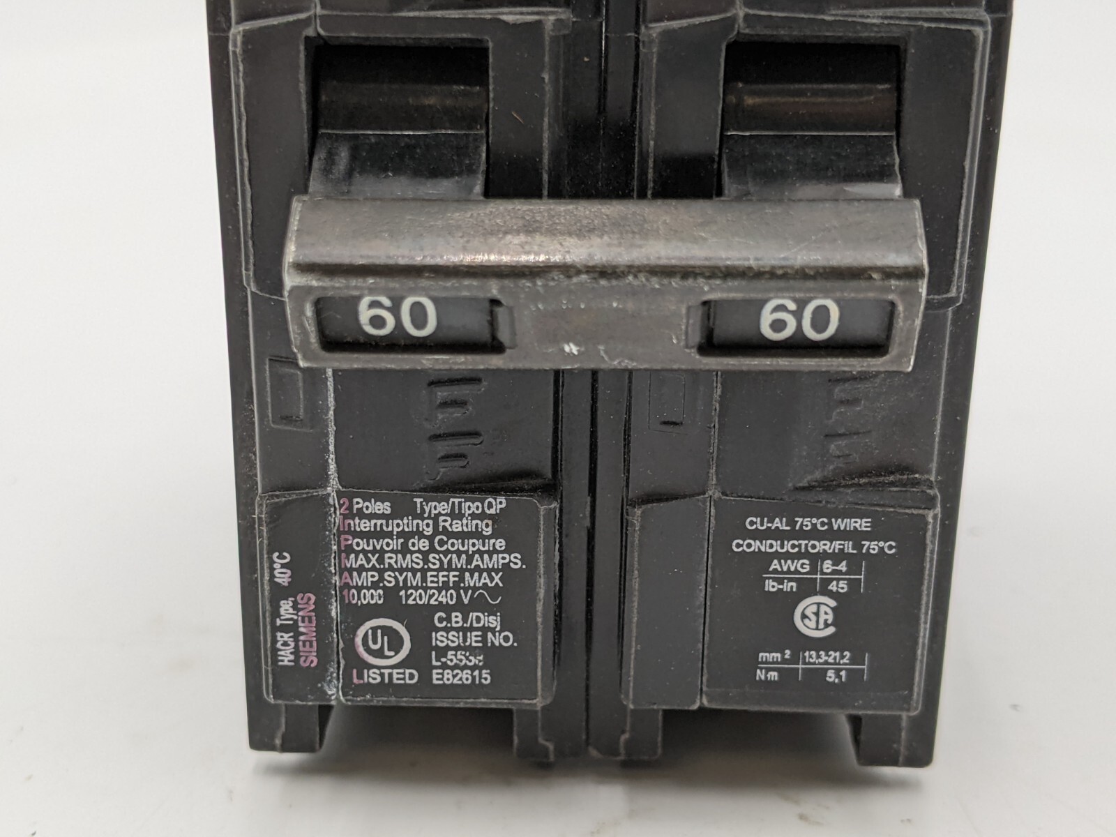 Siemens Q260 Plug-In Circuit Breaker 60A 240V 2P 1PH QP 60 AMP 240 Volt 2 Pole