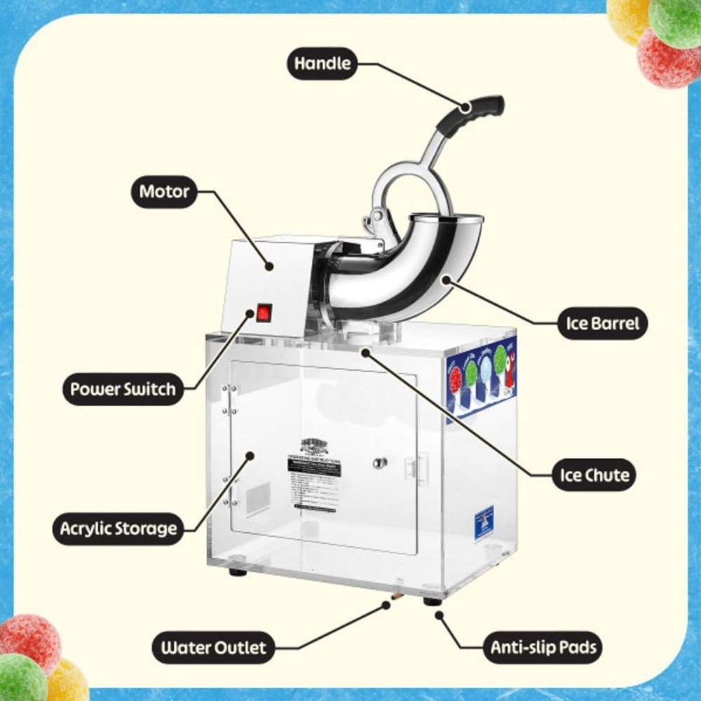 Commercial Snow Cone Machine Acrylic Ice Crusher Shaver 500 lbs Per Hour for