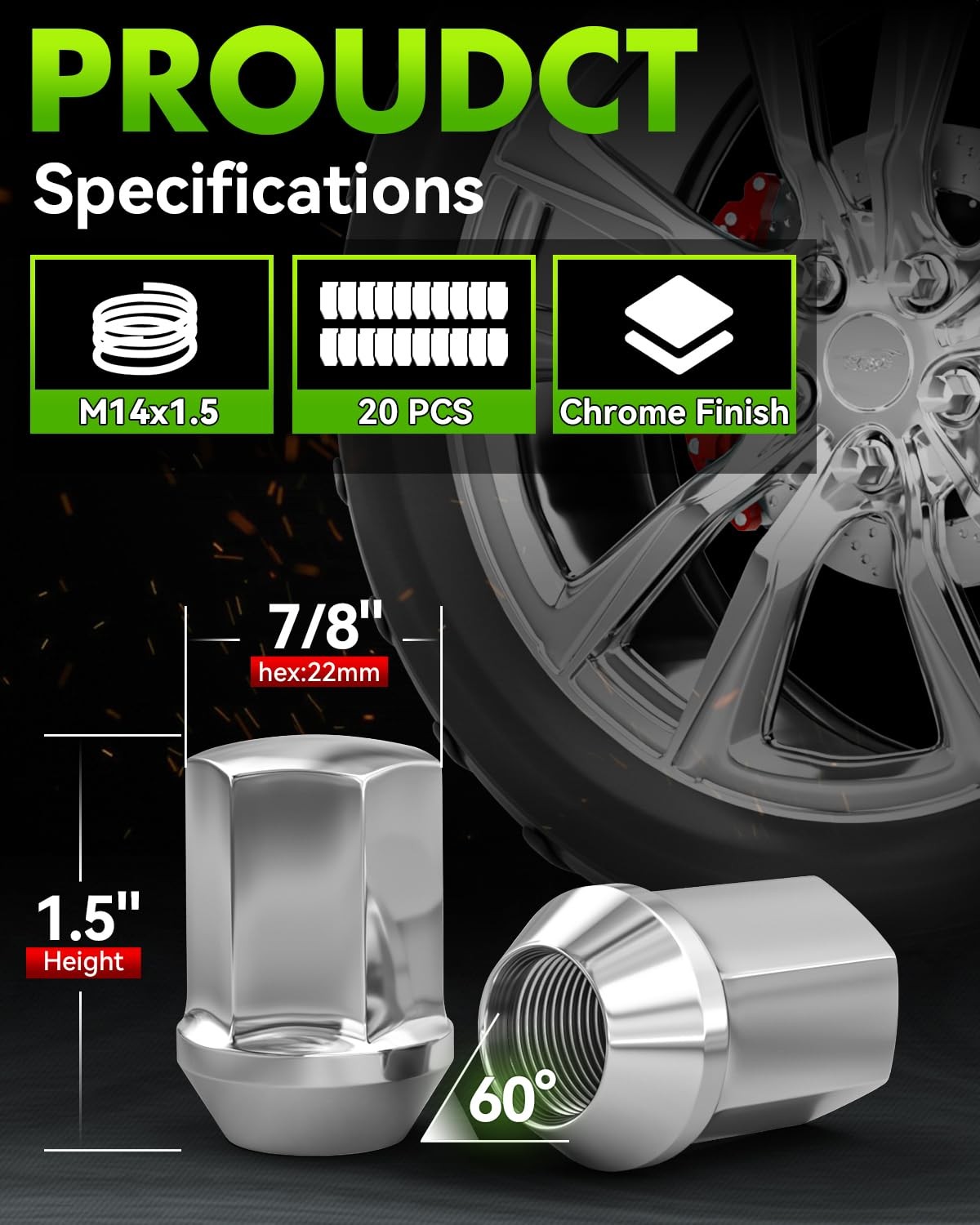 20 PCS M14x1.5 Pitch Studs Wheel Lug Nuts 1.5 inch Height OEM Factory Style Acor