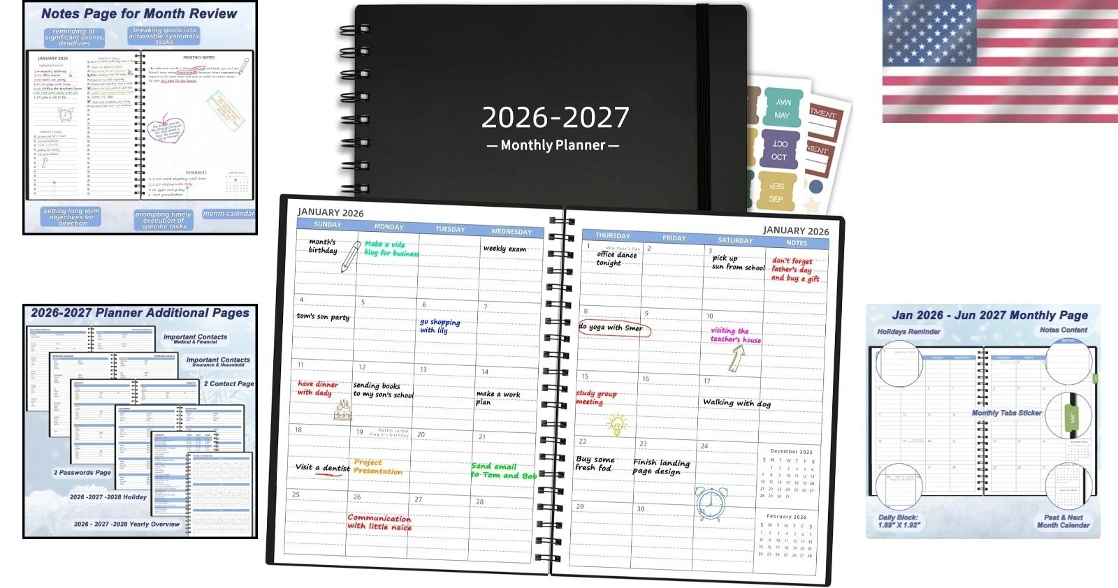 2026 2027 Monthly Planner 7.4 Inch x 9.6 Inch Black Spiral Bound Organizer