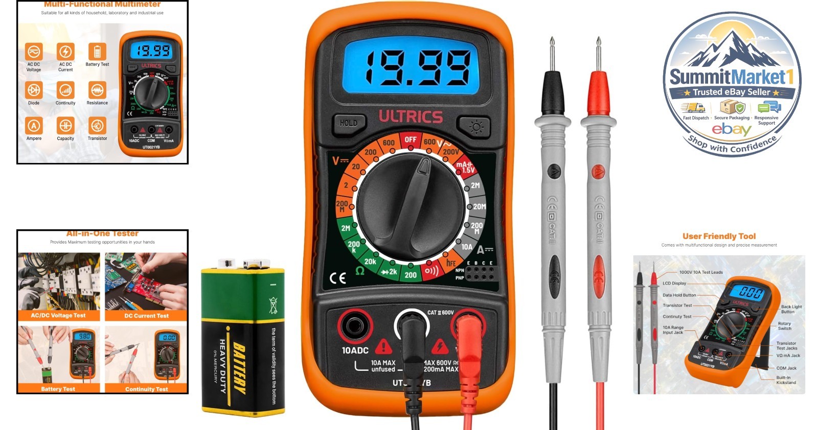 Digital Multimeter 2000 Counts Voltage Tester Backlit LCD AC DC
