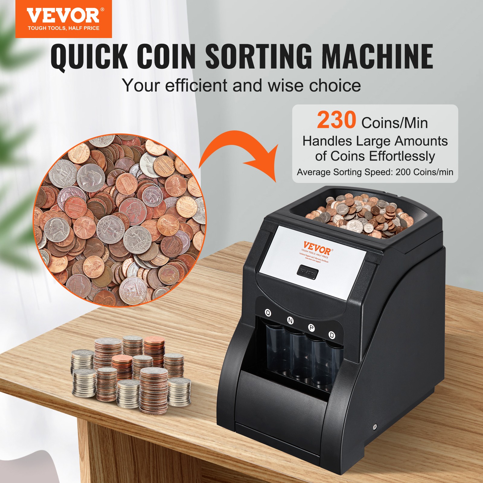 VEVOR USD Coin Sorter Coin Wrapper and Roller 230 Coins/min 4 Coin Tubes