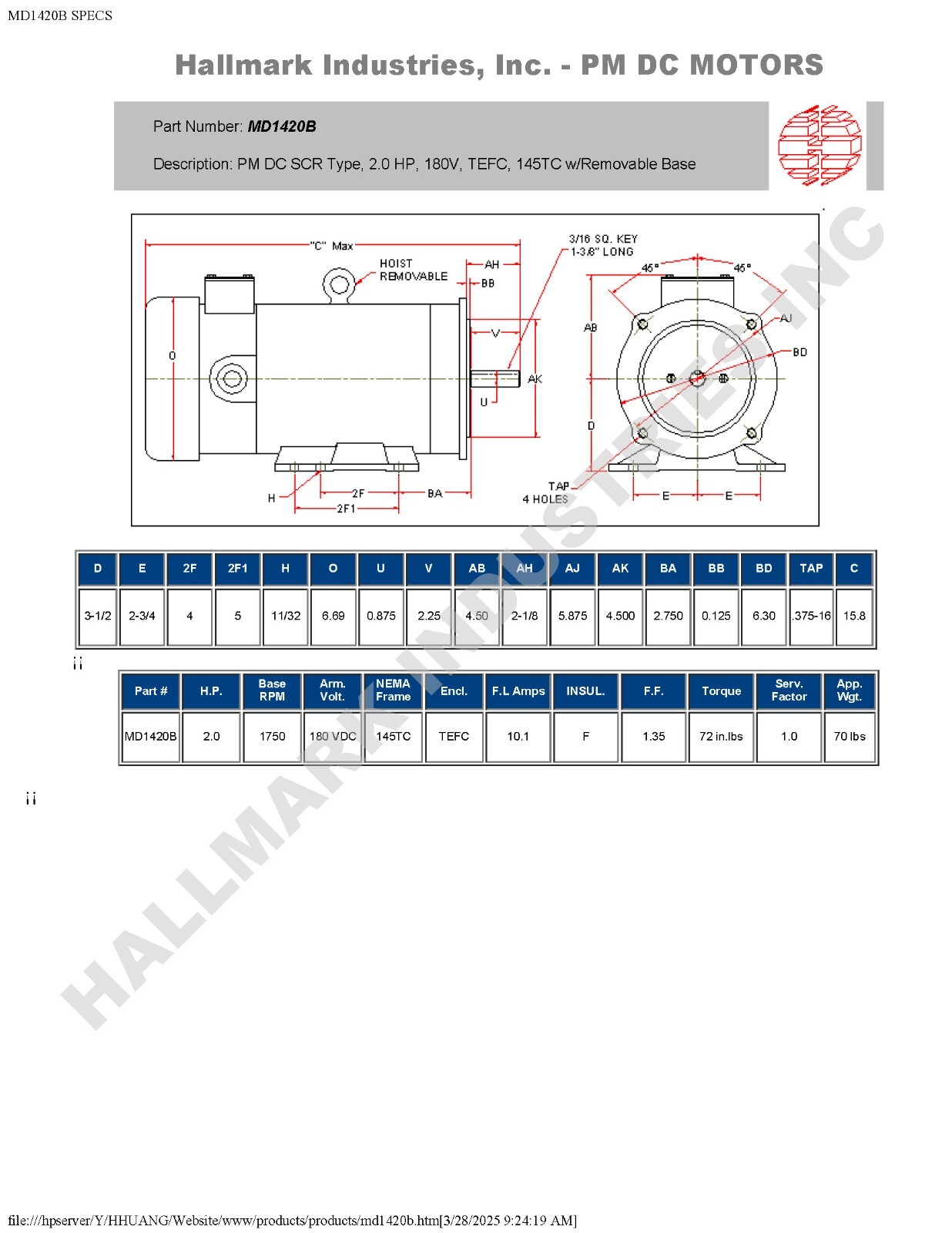 DC MOTOR, 2HP, 145TC, 180V, 1750RPM, TEFC, Hallmark Industries