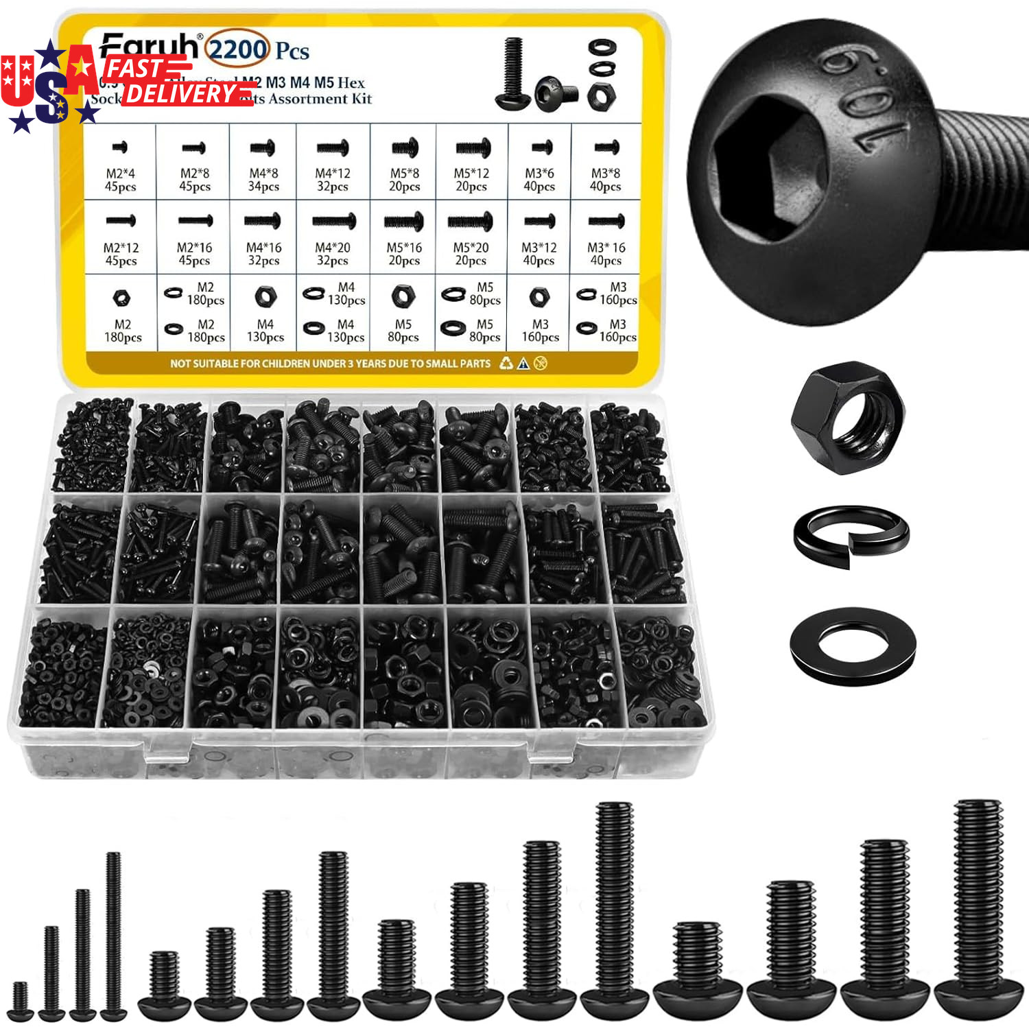 2200PCS M2 M3 M4 M5 Metric Screws Assortment Kit, Hex Socket Button Head Assorte