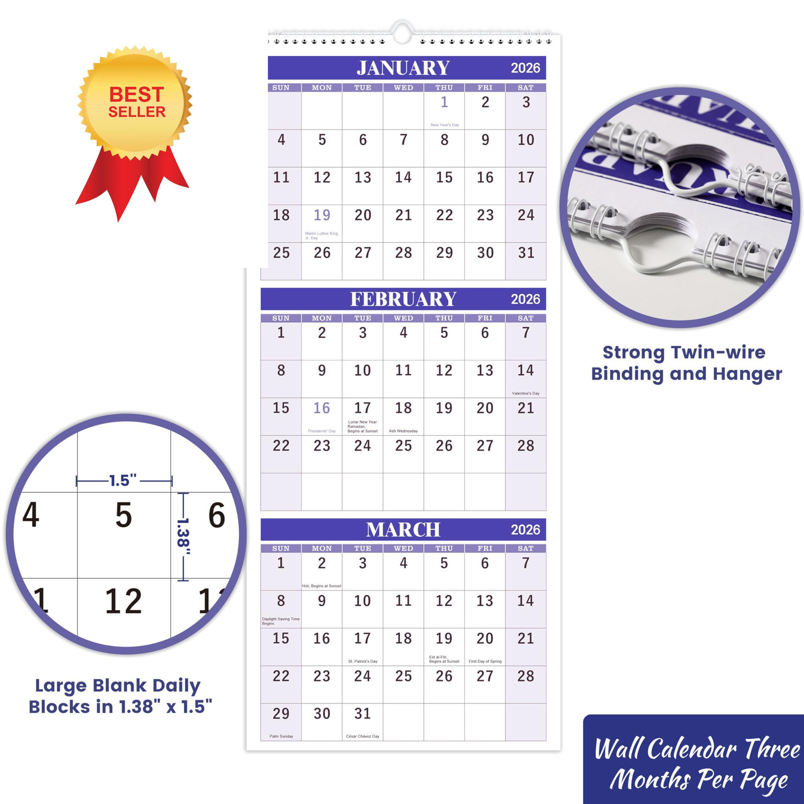 2026 Wall Calendar – 3 Month Display (Folded in a Purple