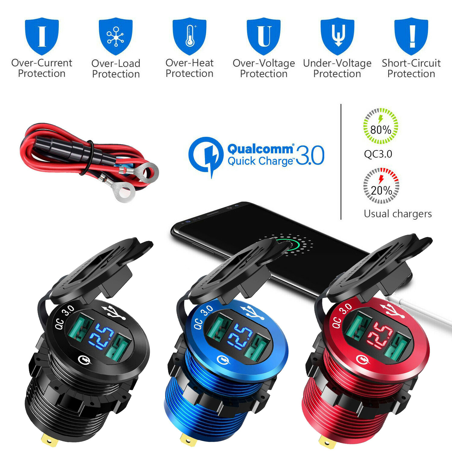 12V-24V Dual USB Charger LED Digital Display Voltage Amp Gauge Ammeter Voltmeter