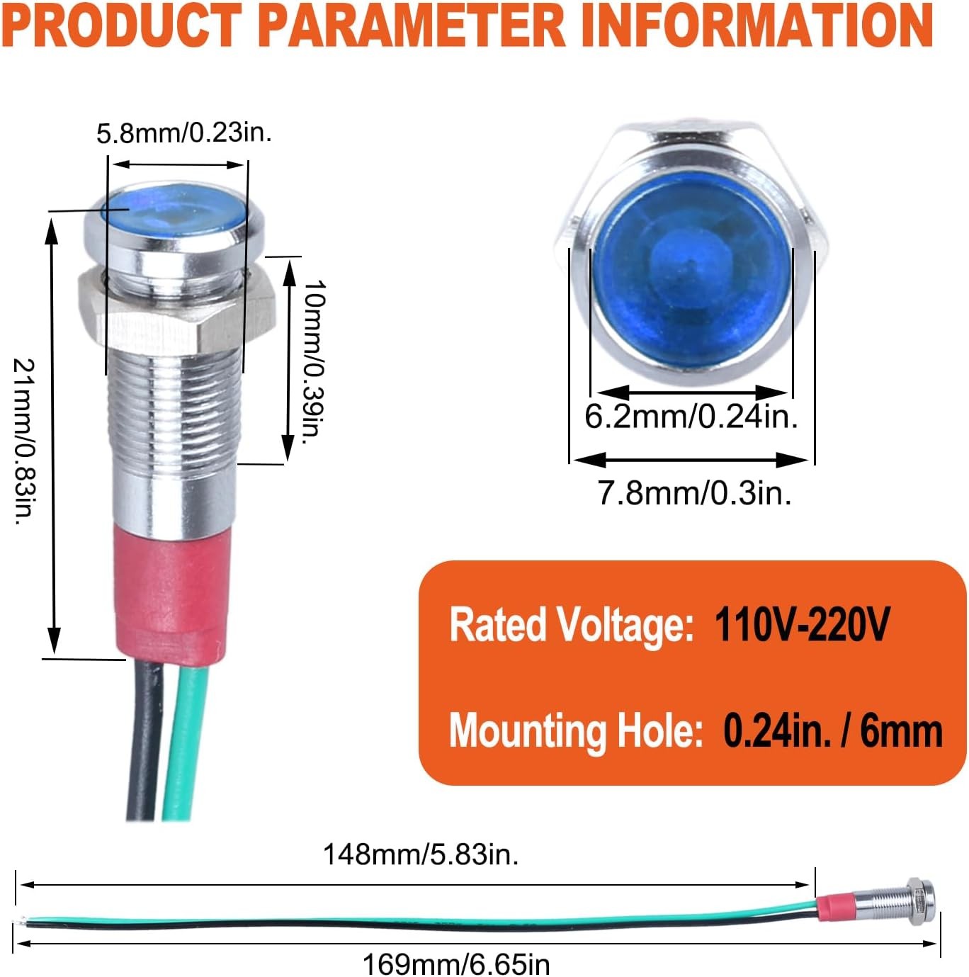 10Pcs 6mm 1/4 Inch 110V 220V Metal LED Indicator Light Waterproof Indicator