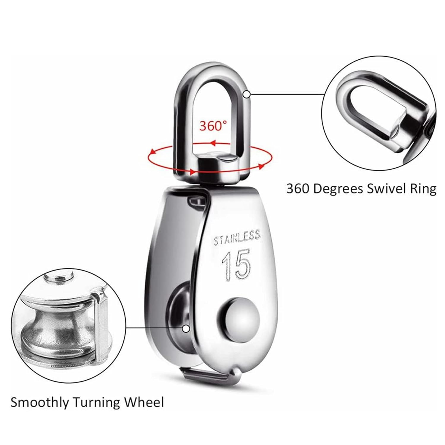 Yamaso,2Pcs 304 Stainless Steel M15 Silver Single Pulley Block Wire Rope Hanging