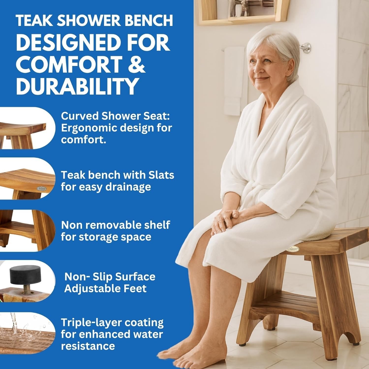 EcoDecors Teak Shower Bench 18″ 300 lb Capacity Waterproof Bath Seat with Shelf