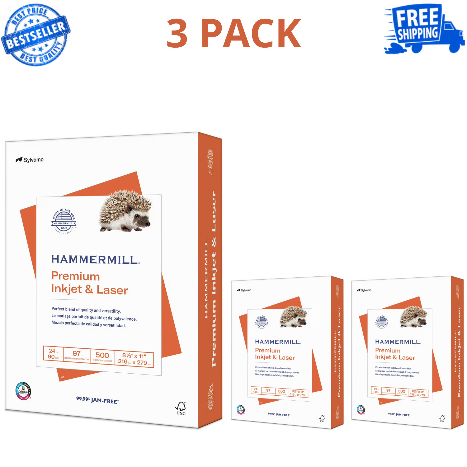 Hammermill Premium Printer Paper 24lb 8.5×11 White 500 Sheets 1 Ream, 3 Pack