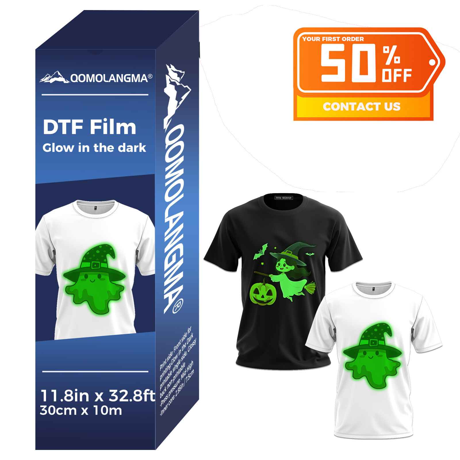 11.8in x 32.8ft / 30cm x 10m DTF Glow in the Dark Luminous Film Roll,Cold Peel