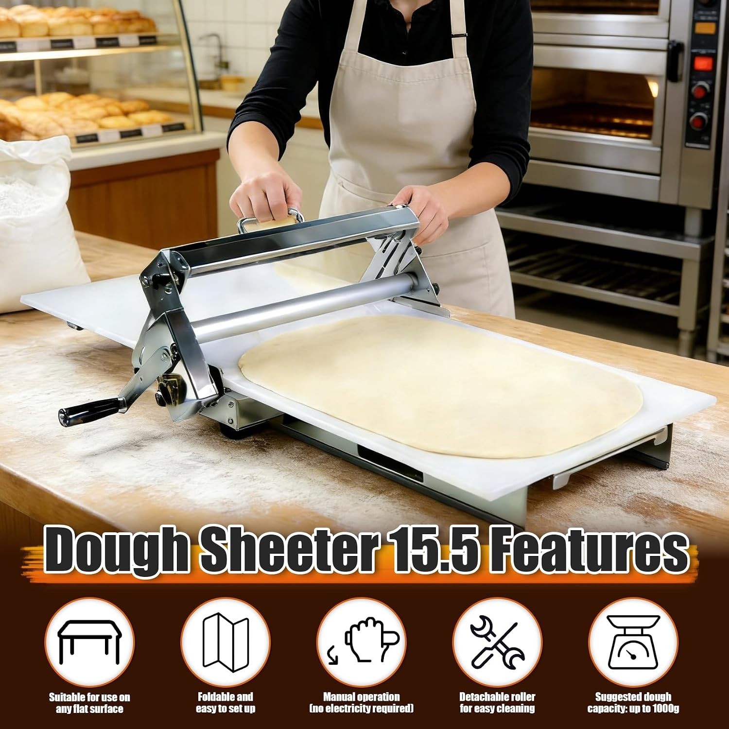 Durable Folding Dough Sheeter 15.5in – Stainless Steel for Home and Catering Use
