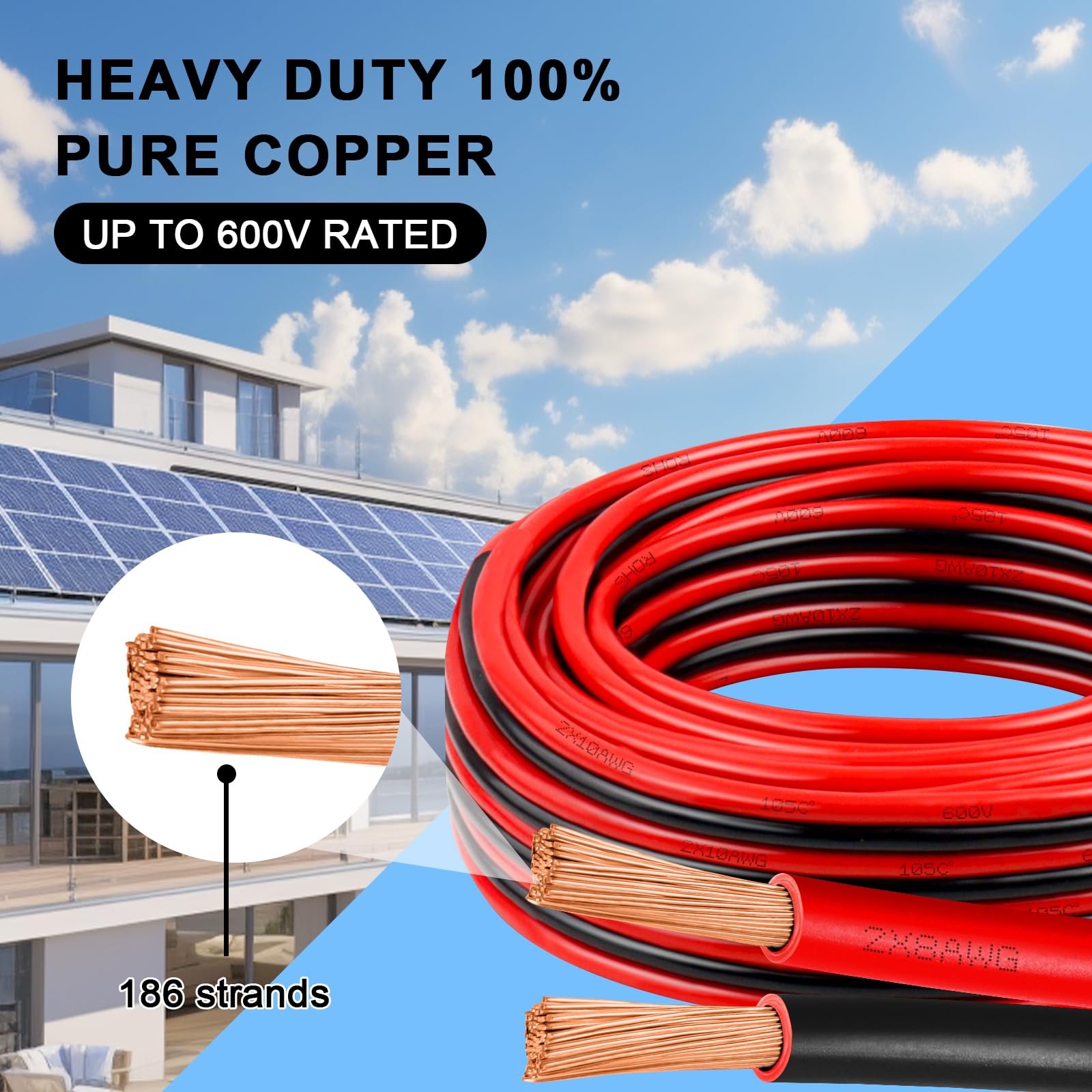 8 Gauge Wire 25 Feet, 8/2 AWG Pure Copper Wire, 8AWG 2 Conductors Red Black O…