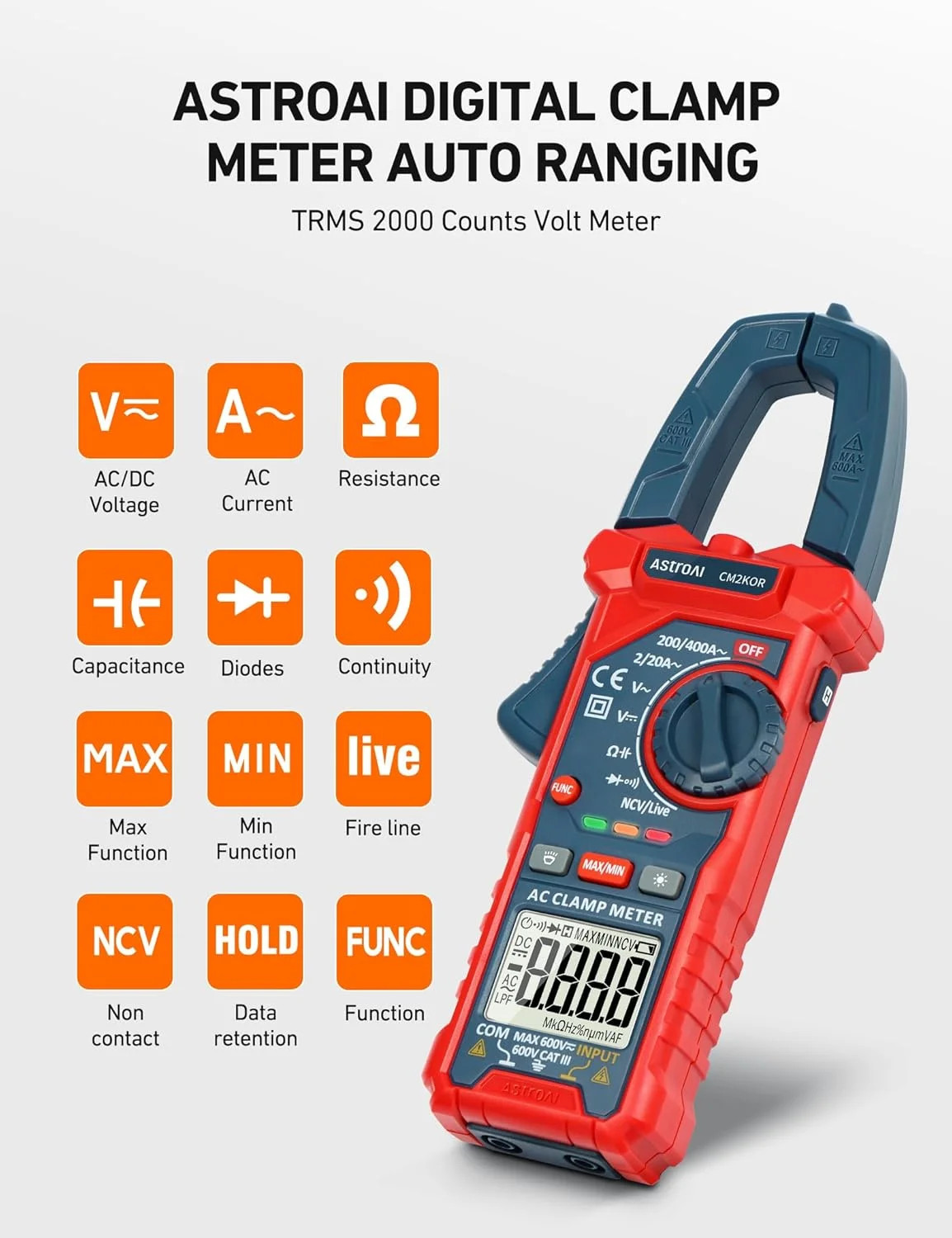 AstroAI Digital Clamp Meter Multimeter 2000 Counts Amp Voltage Tester Auto-rangi