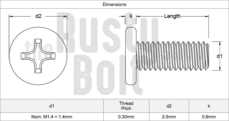 M1.4. x 2.5mm, Phillips Wafer Flat Head Screws, Steel, Nickel, Laptop, Machine