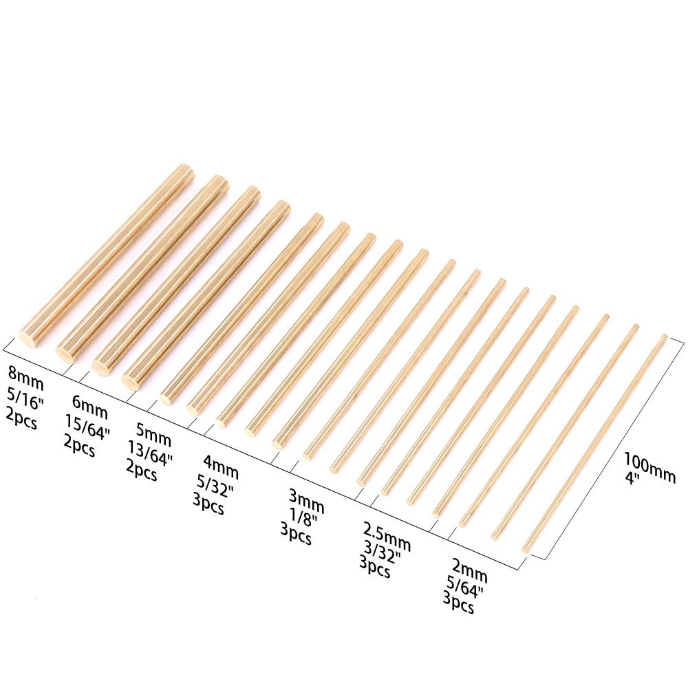 Swpeet 18Pcs Assorted Brass Solid Round 2mm x 100mm to 8mm x 100mm,