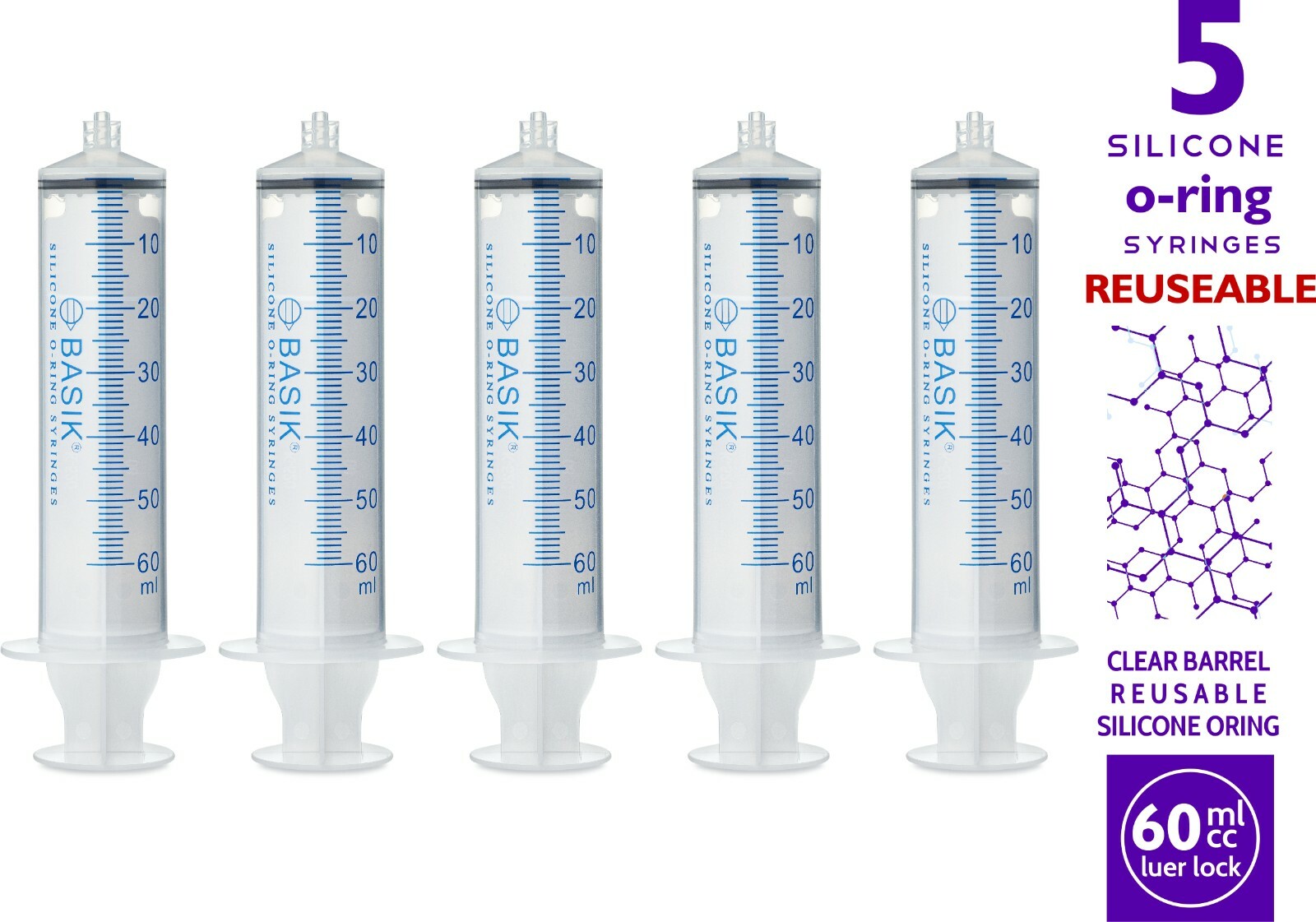 60cc | 60ml BASIK Syringe Silicone O-ring 5/pak Luer Lock Intnl Shipping