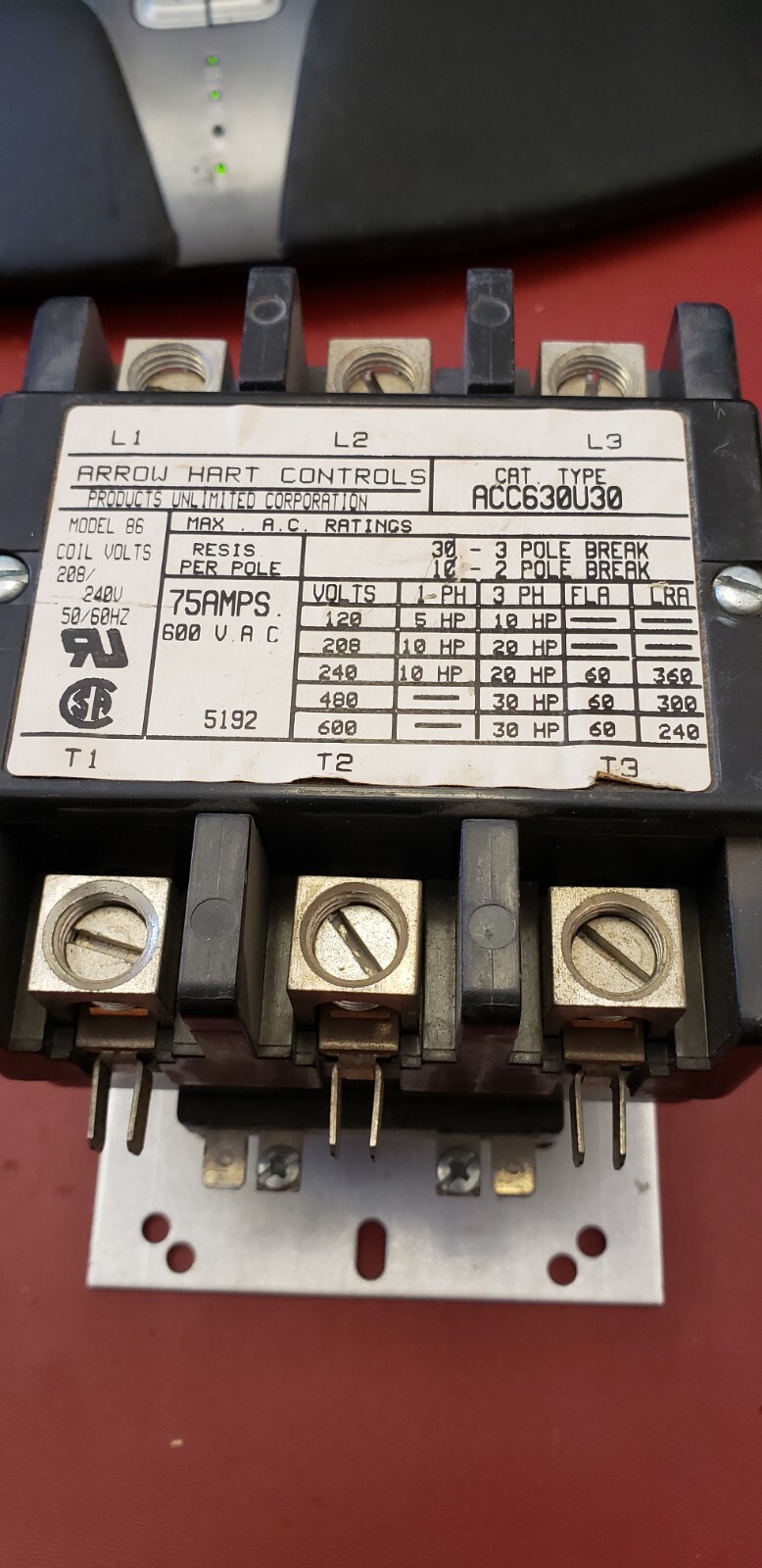 Arrow Hart ACC630U30 75amp 600VAC magnetic contactor ( G2-3C)