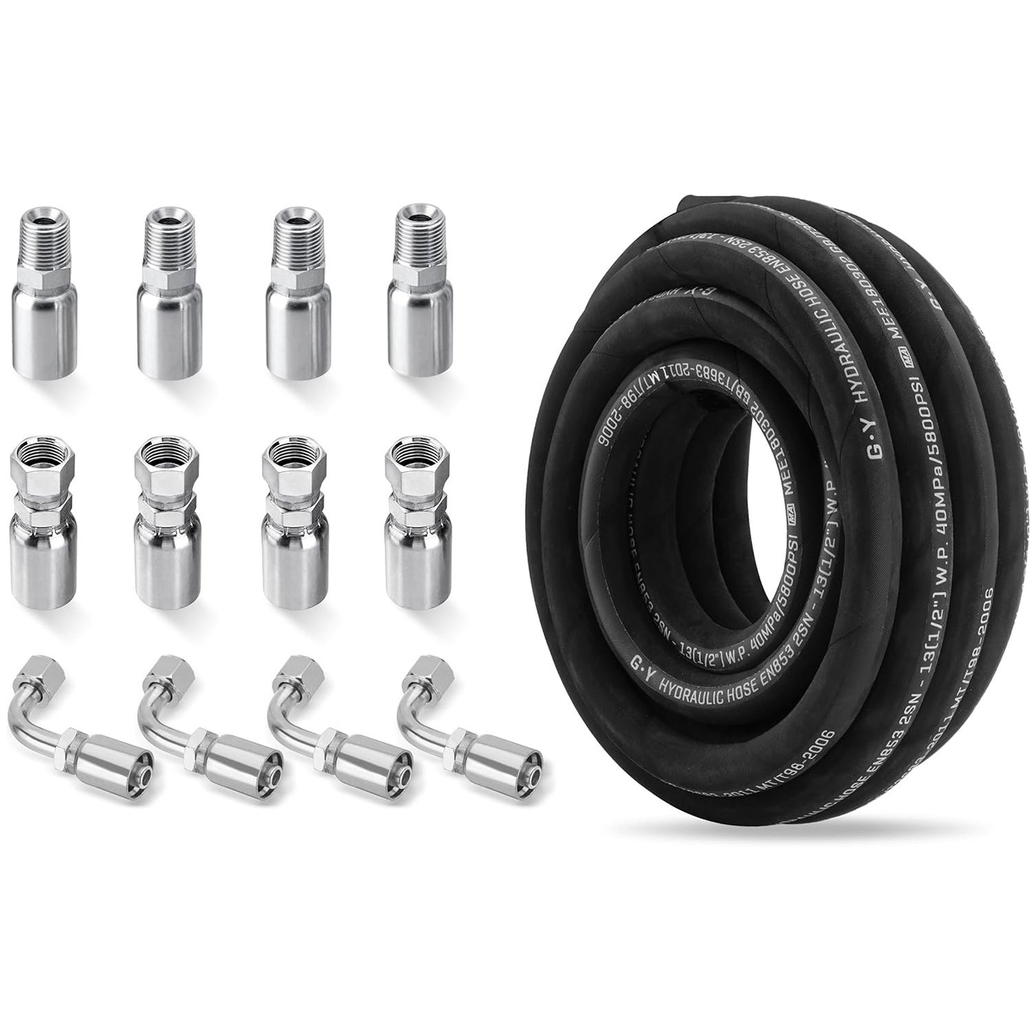 1/2″ 25′ HYDRAULIC HOSE TWO WIRE HOSE FLEXIBLE 40MPa / 5800 PSI WITH 12 FITTINGS