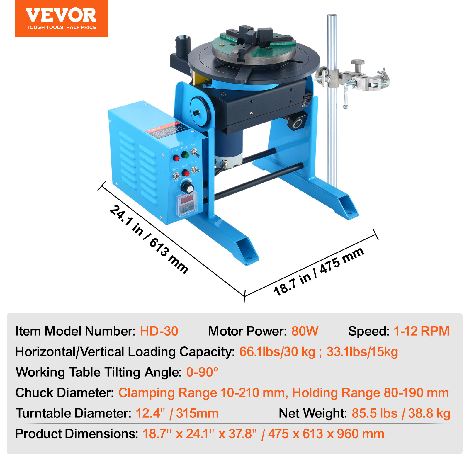 VEVOR 30KG Rotary Welding Positioner 0-90° Positioning Turntable Table 1-12RPM