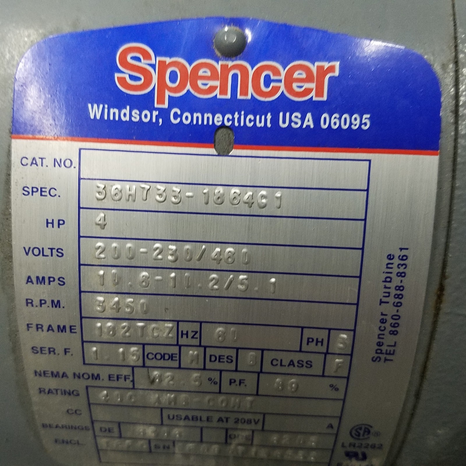 Spencer Vortex VB030B-011 Regenerative Blower, 210CFM, 4HP, 200-230/460V AC.