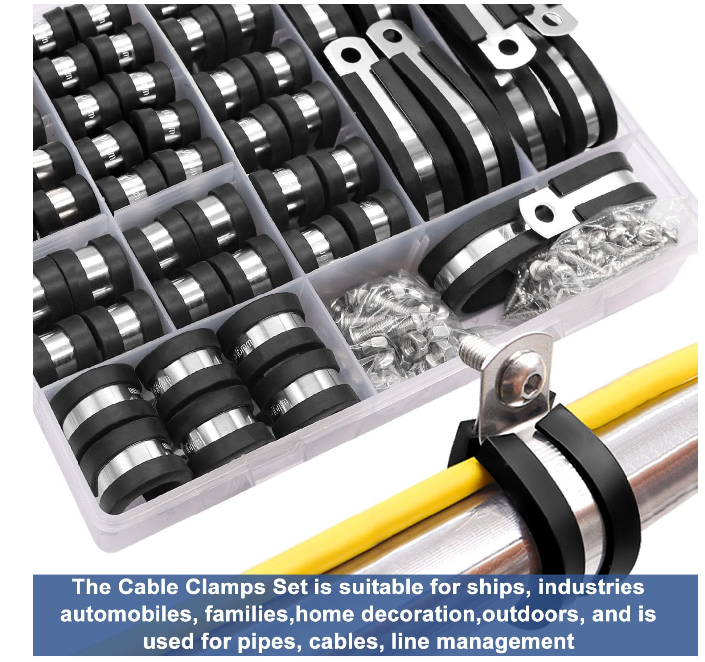 136PCS Cable Clamps Assortment Kit,10 Sizes 304 Stainless Steel Rubber Cushion