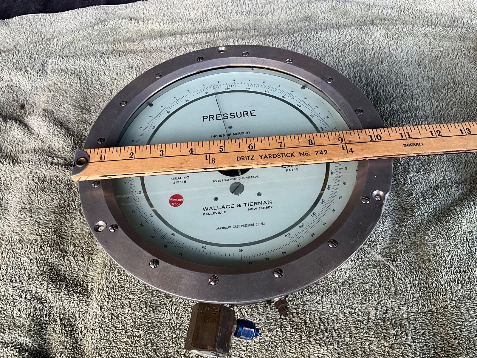 Wallace and Tiernan # FA145 inches of mercury pressure gauge 0-300