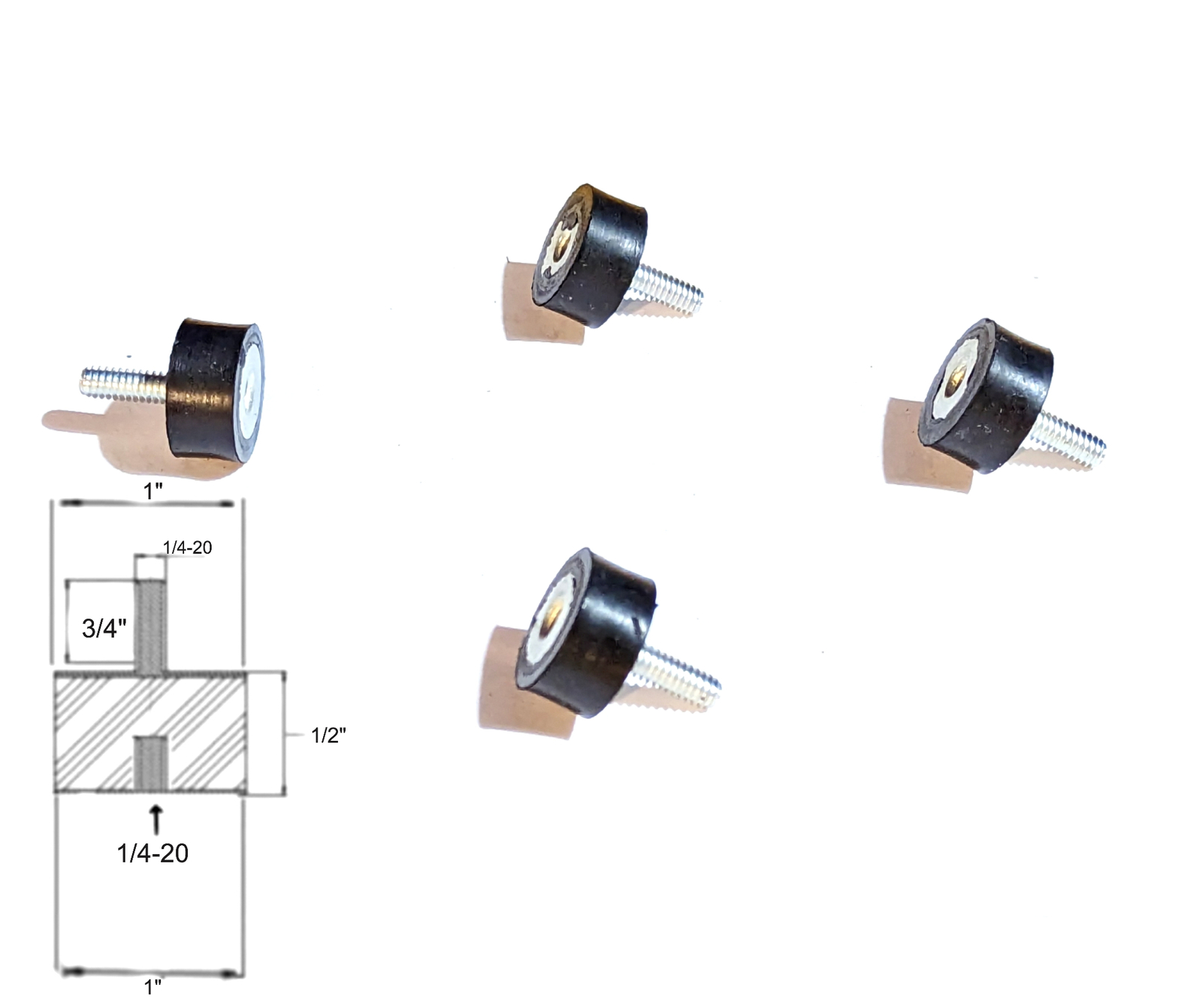 4 Rubber Vibration Isolator Mount (1″ Dia x 1/2″ Thk) 1/4-20 x 3/4″ Long Stud