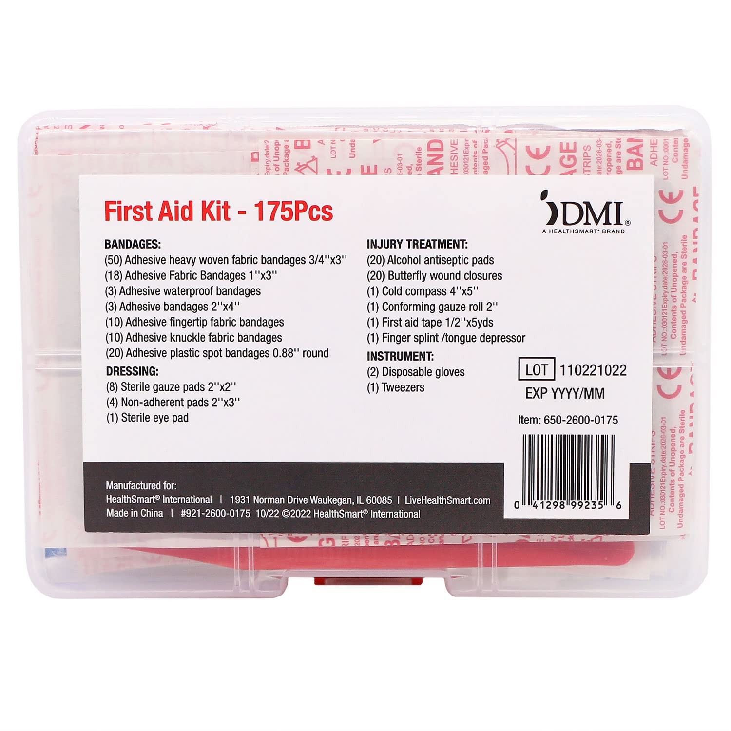 DMI 175-Piece First Aid Kit for Minor Injuries, Cuts and 175 Piece, White