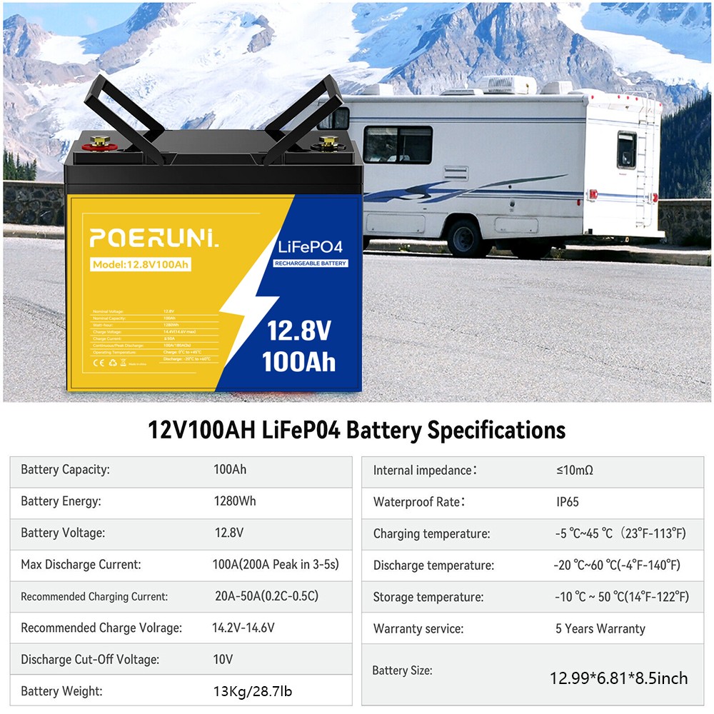 100Ah 12V LiFePO4 Lithium Battery Built-in BMS Cycle Deep for Solar RV Off-grid