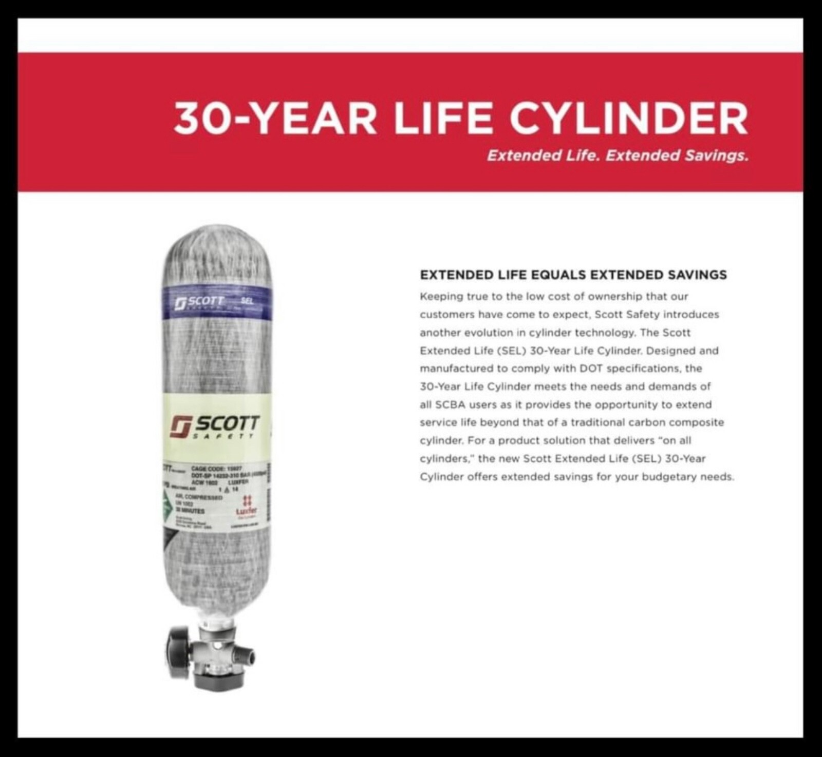 “30 Year SEL” Scott 4500PSI 45MIN Firefighter SCBA Bottle Tank Cylinder Mfr 2016