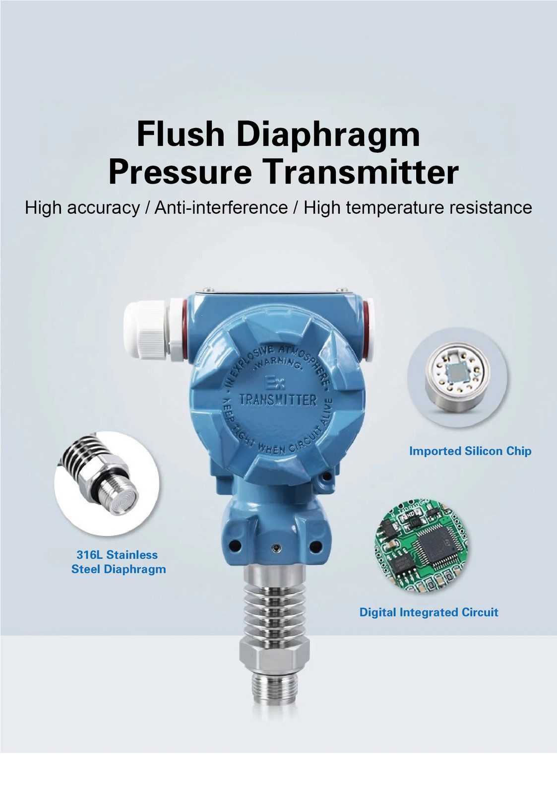 Pressure Transmitter Flush Diaphragm High Temperature 4-20mA RS485 316L Steel