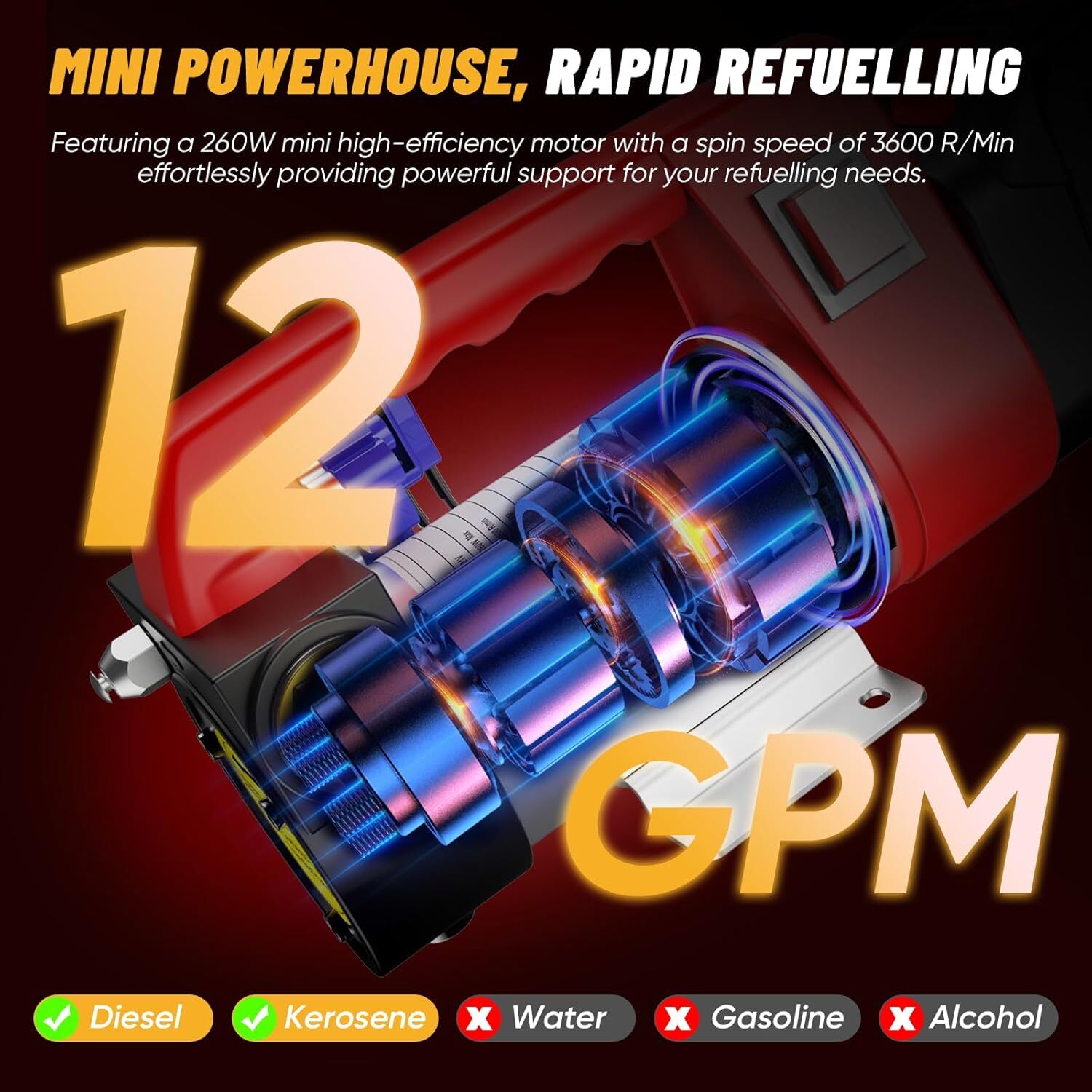 12gpm Cordless Diesel Transfer Pump Kit +Nozzle Self-Priming for Diesel&Kerosene