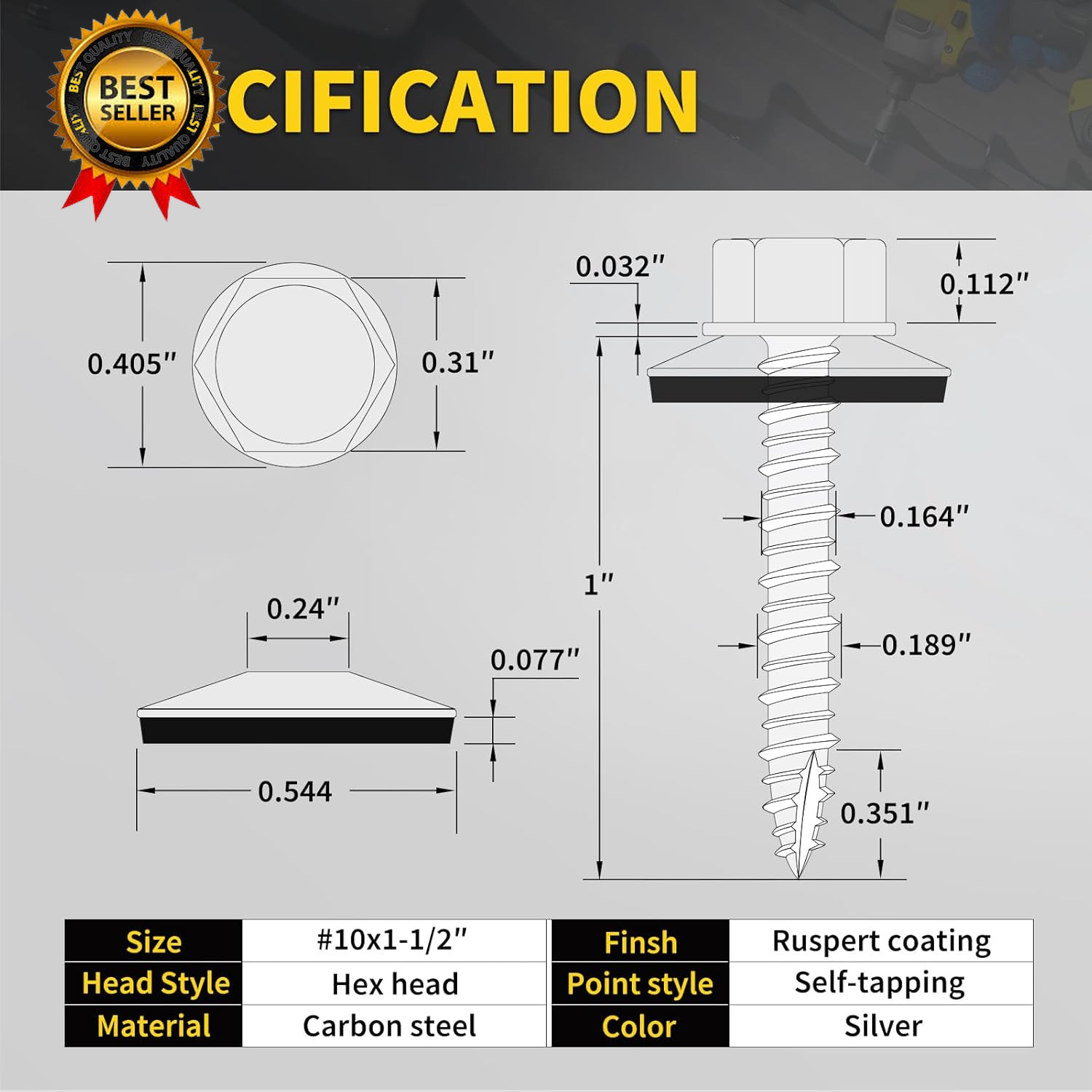 Metal Roofing Screws #10 X 1-1/2″, 300 PCS, RUSPERT Hex Head Rubber Washer Shee