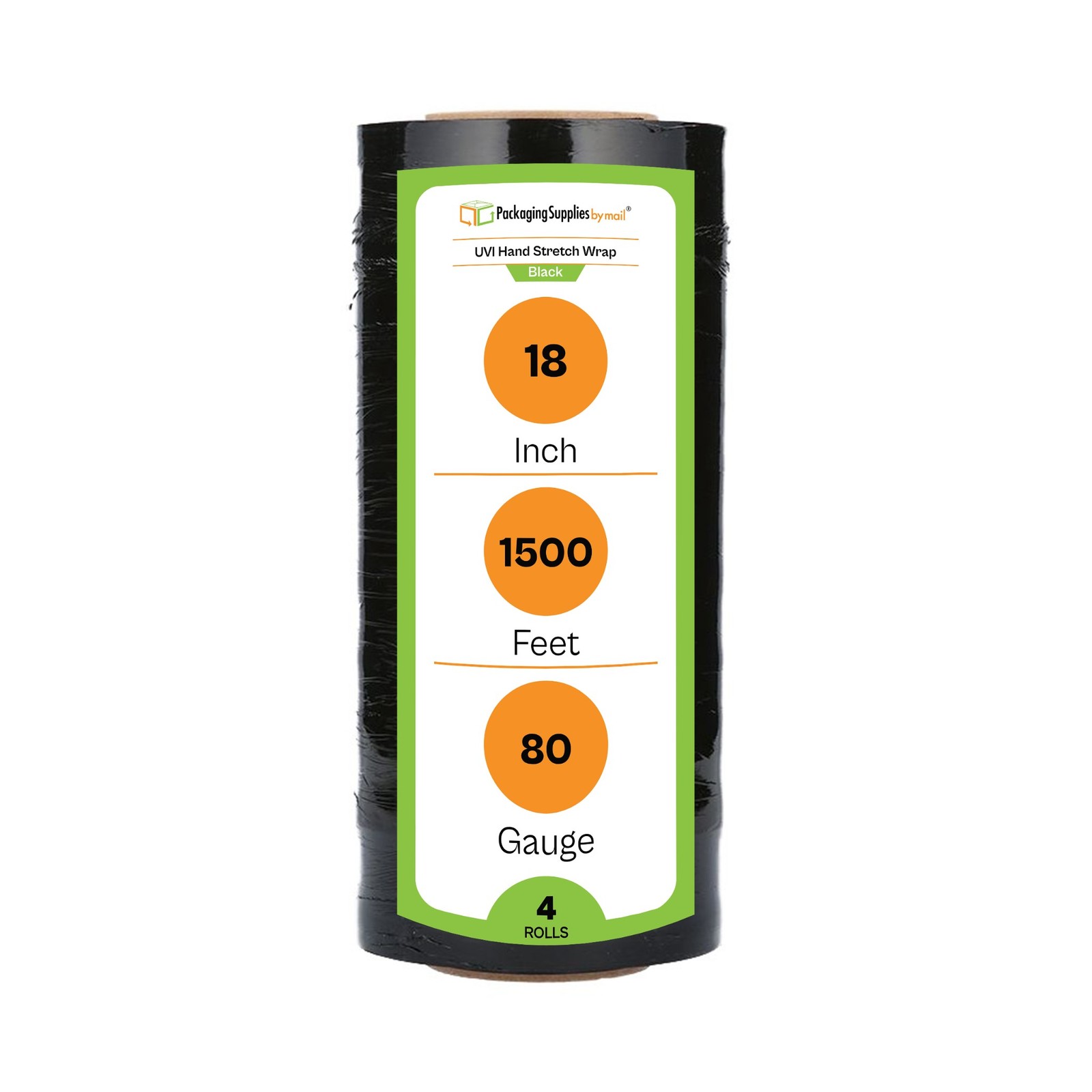 4 Rolls, 18″ x 1500 Ft. 80 Gauge, Black UVI Hand Wrap Pallet Stretch Film