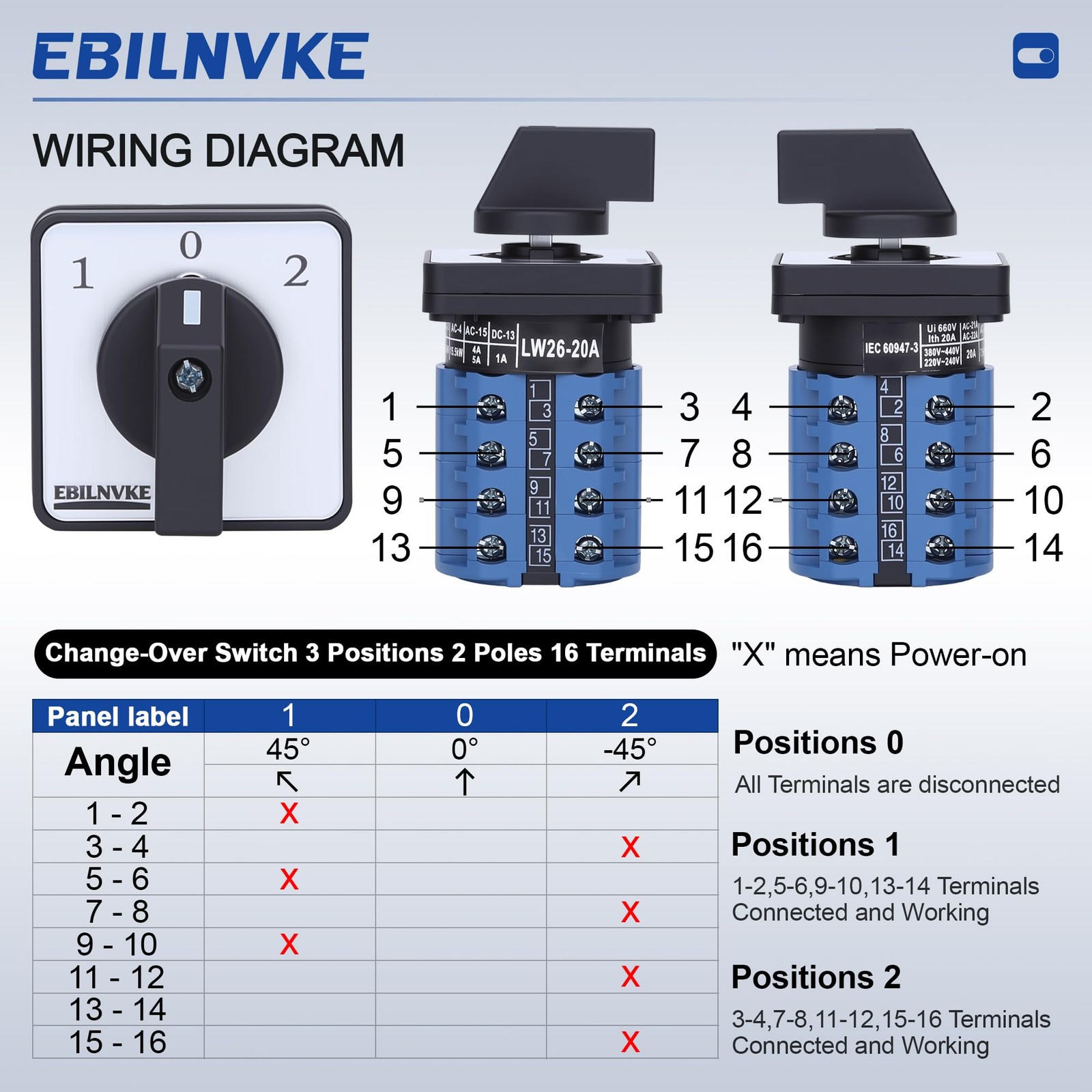 EBILNVKE Changeover Switch 3 Position 20A 16 Terminals 380V Latching
