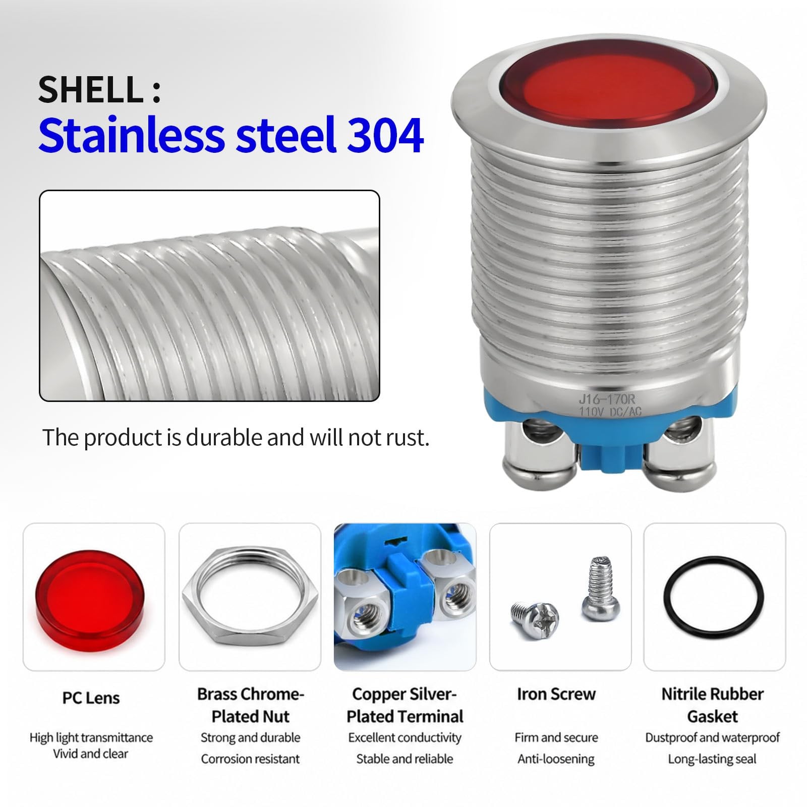 16mm 5/8in Indicator Light Stainless Steel 304 12V-24V 12-24 V AC/DC, Red